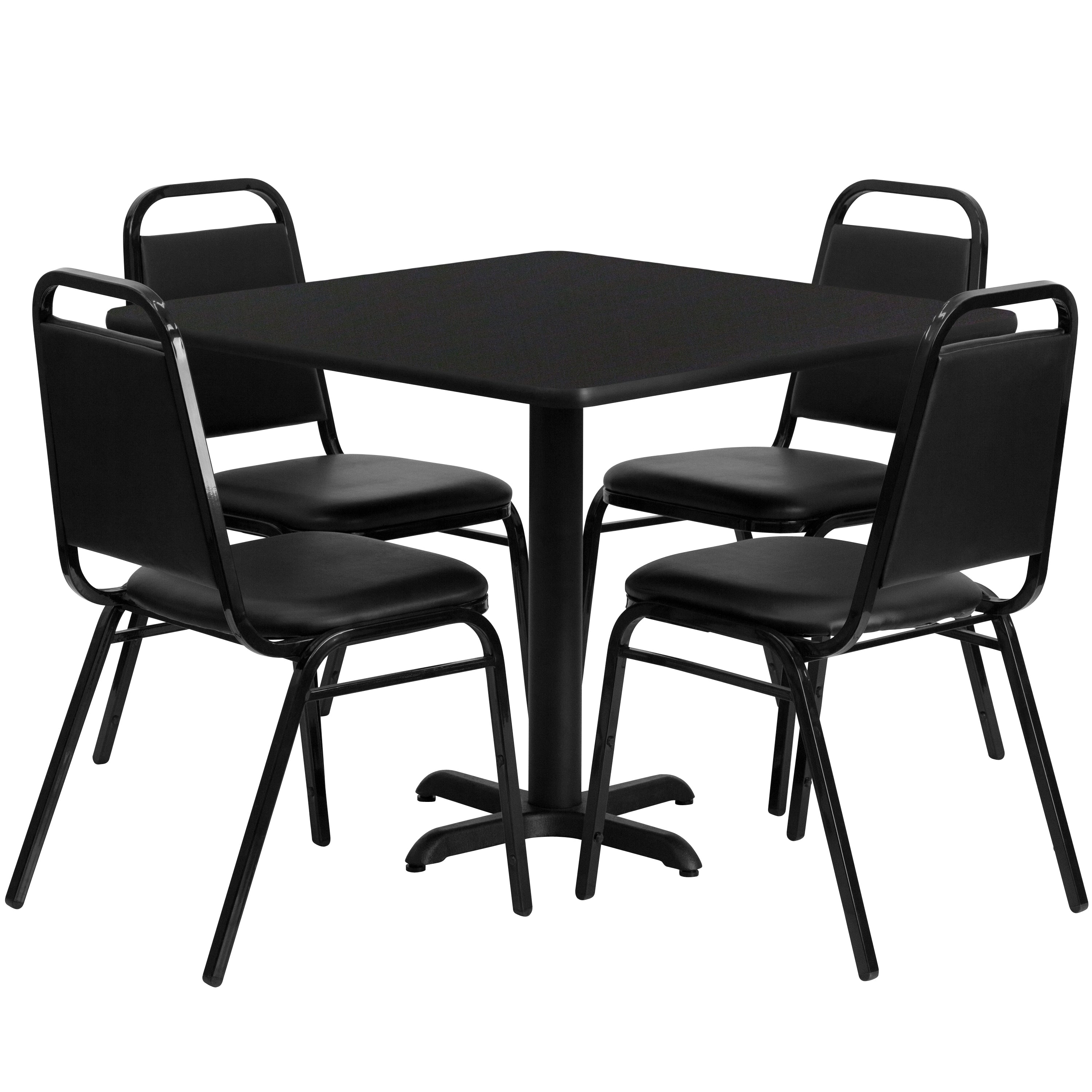 36'' Square Laminate Table Set with X-Base and 4 Trapezoidal Back Banquet Chairs-Laminate Restaurant Table and Chair Set-Flash Furniture-Wall2Wall Furnishings