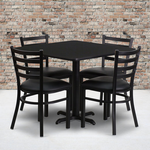 36'' Square Laminate Table Set with X-Base and 4 Ladder Back Metal Chairs