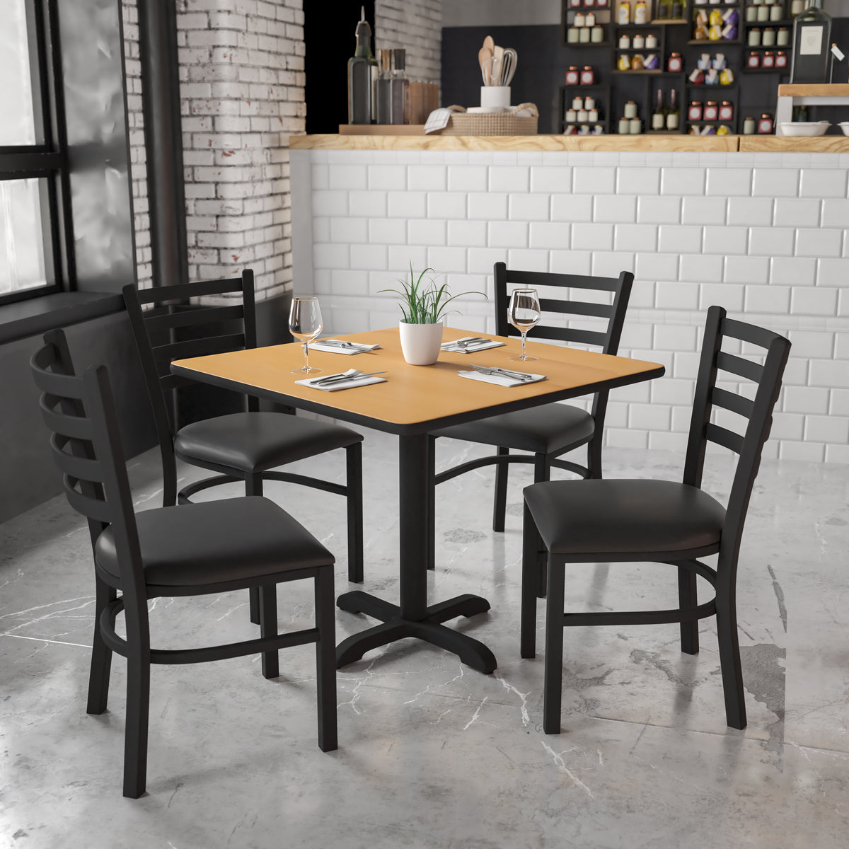 36'' Square Laminate Table Set with X-Base and 4 Ladder Back Metal Chairs