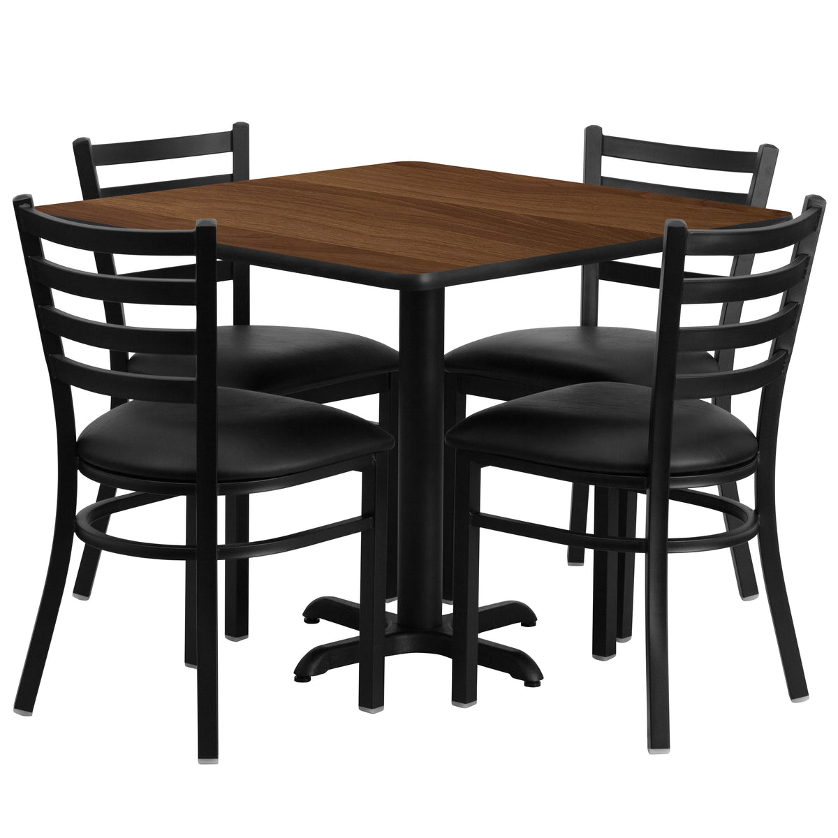 36'' Square Laminate Table Set with X-Base and 4 Ladder Back Metal Chairs