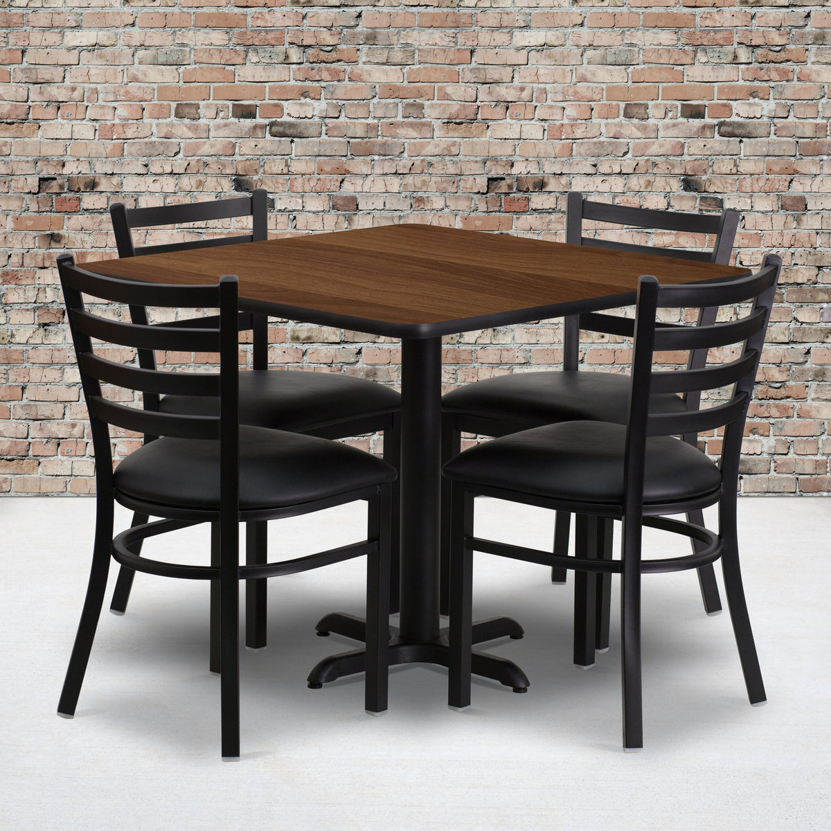36'' Square Laminate Table Set with X-Base and 4 Ladder Back Metal Chairs