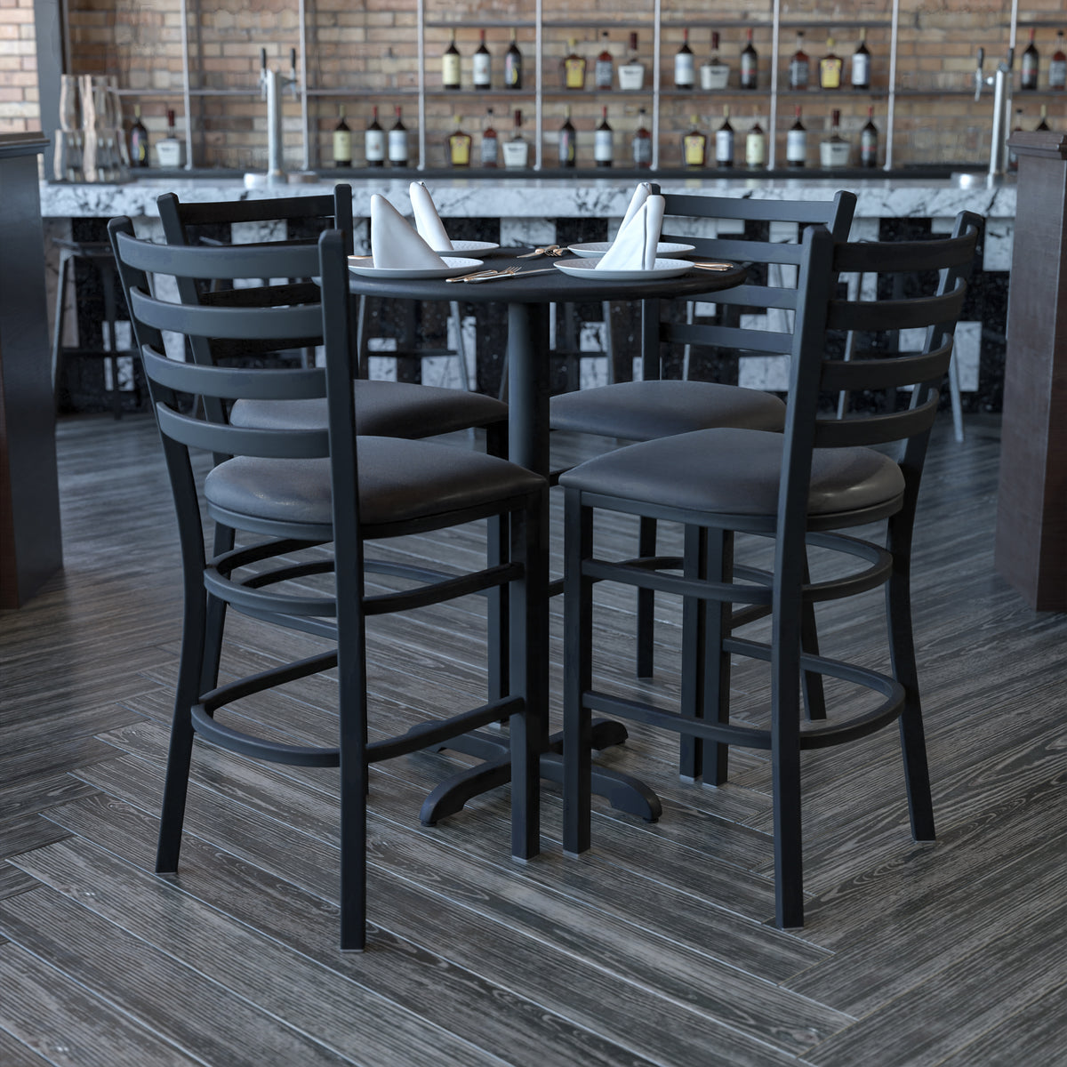30'' Round Laminate Table Set with X-Base and 4 Ladder Back Metal Barstools