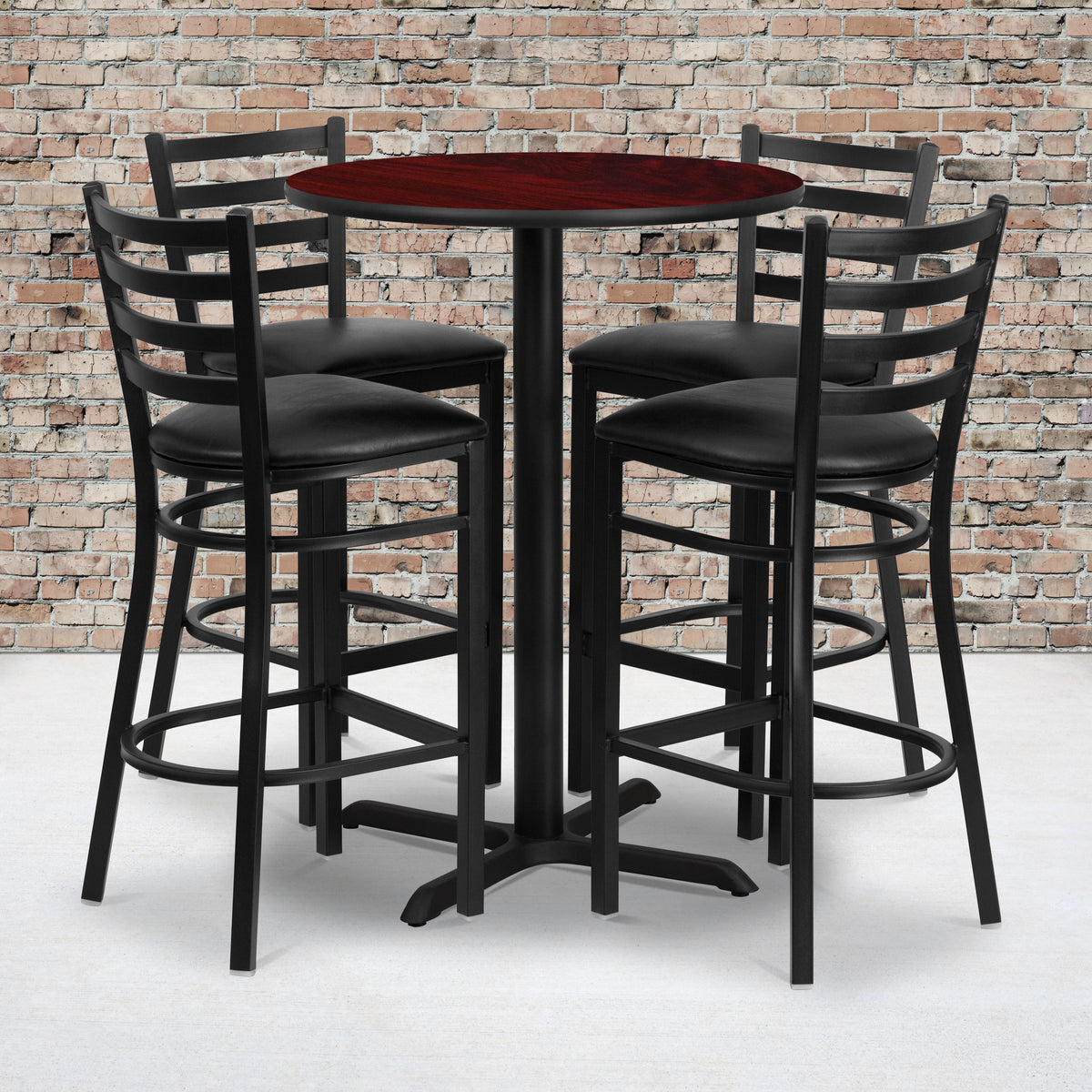 30'' Round Laminate Table Set with X-Base and 4 Ladder Back Metal Barstools