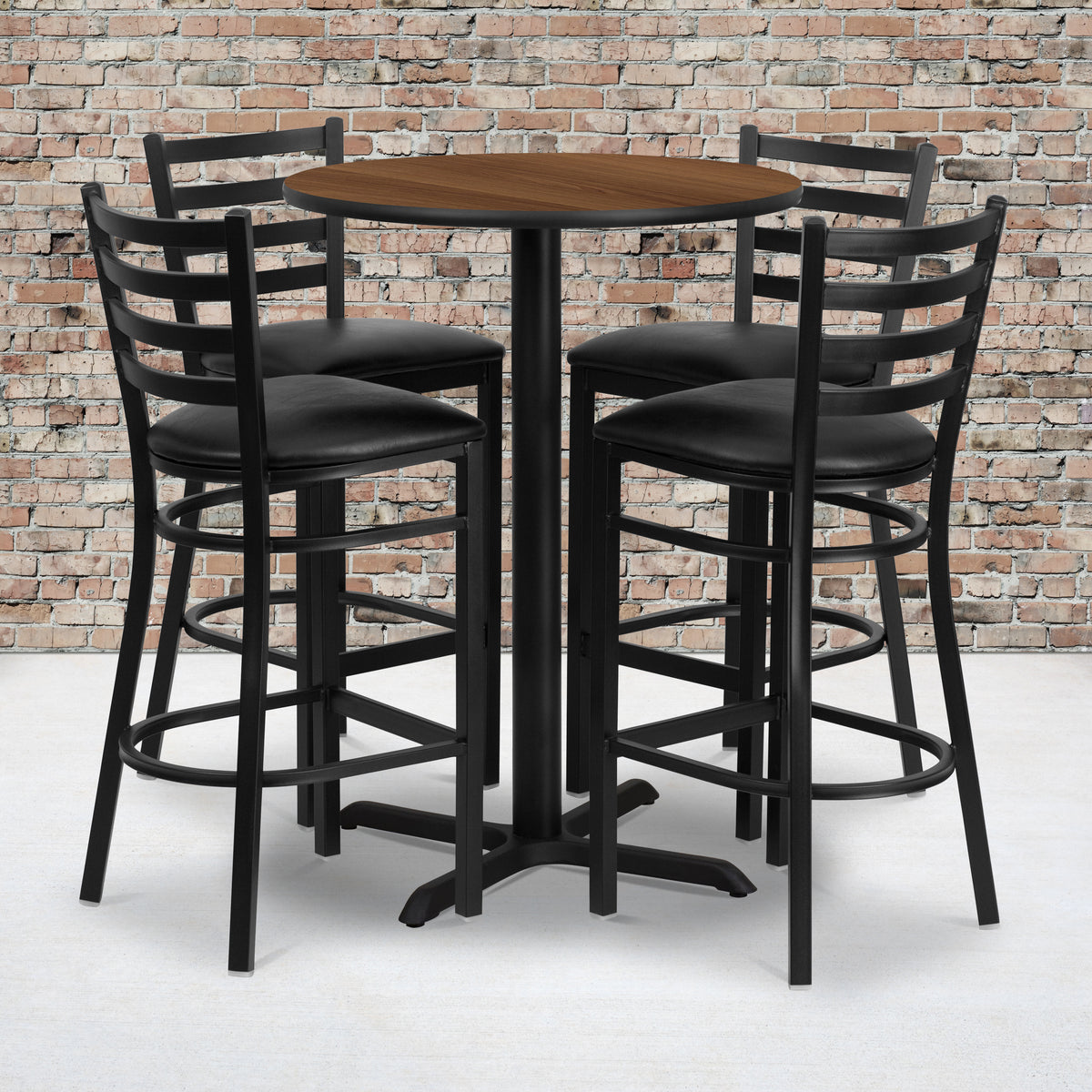30'' Round Laminate Table Set with X-Base and 4 Ladder Back Metal Barstools