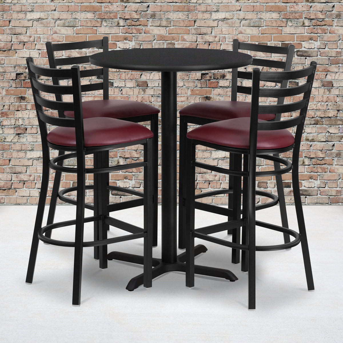 30'' Round Laminate Table Set with X-Base and 4 Ladder Back Metal Barstools