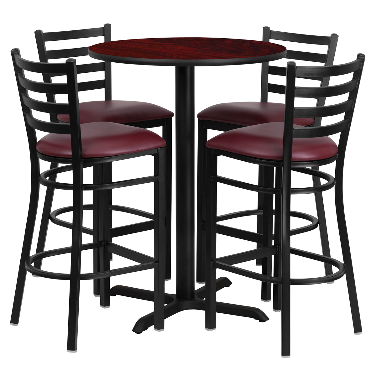 30'' Round Laminate Table Set with X-Base and 4 Ladder Back Metal Barstools