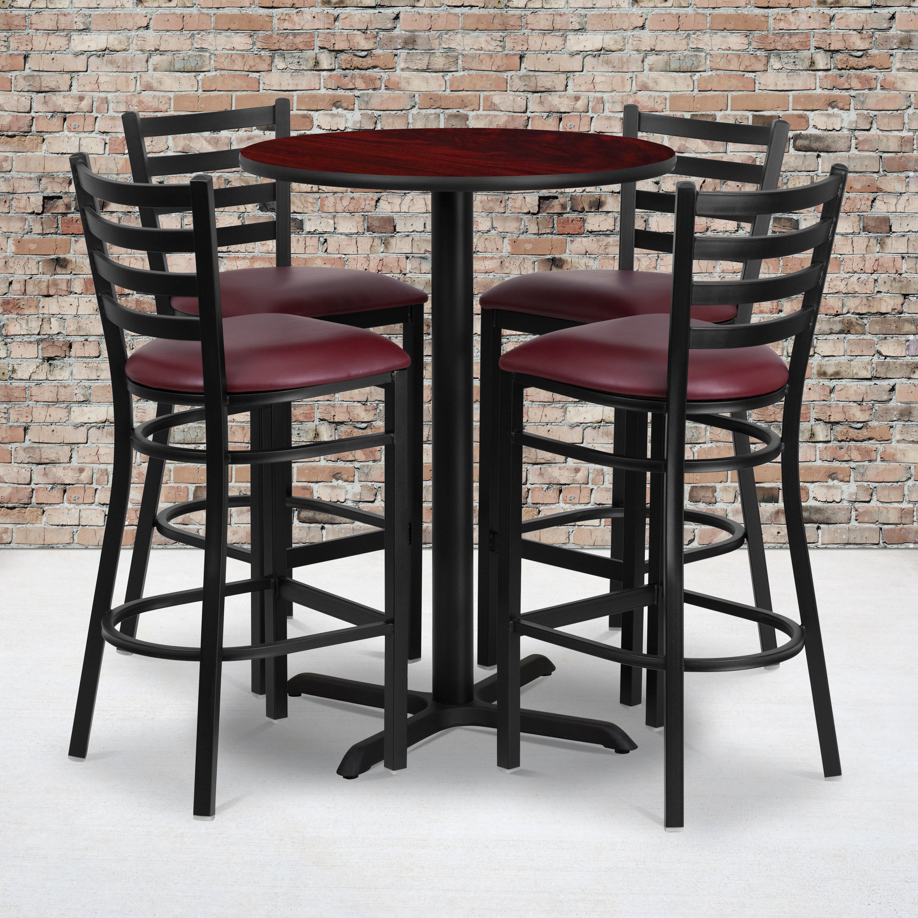 30'' Round Laminate Table Set with X-Base and 4 Ladder Back Metal Barstools-Laminate Restaurant Bar Table and Stool Set-Flash Furniture-Wall2Wall Furnishings