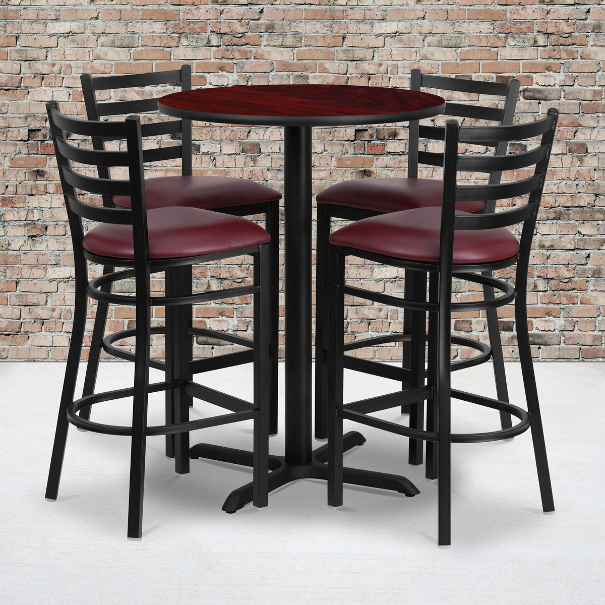 30'' Round Laminate Table Set with X-Base and 4 Ladder Back Metal Barstools
