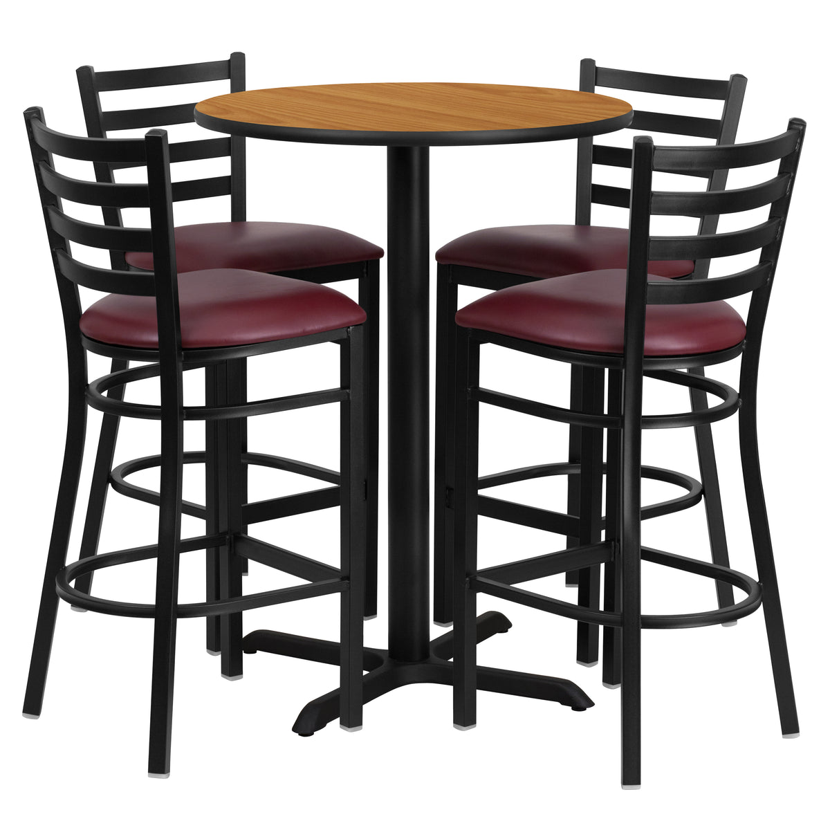 30'' Round Laminate Table Set with X-Base and 4 Ladder Back Metal Barstools