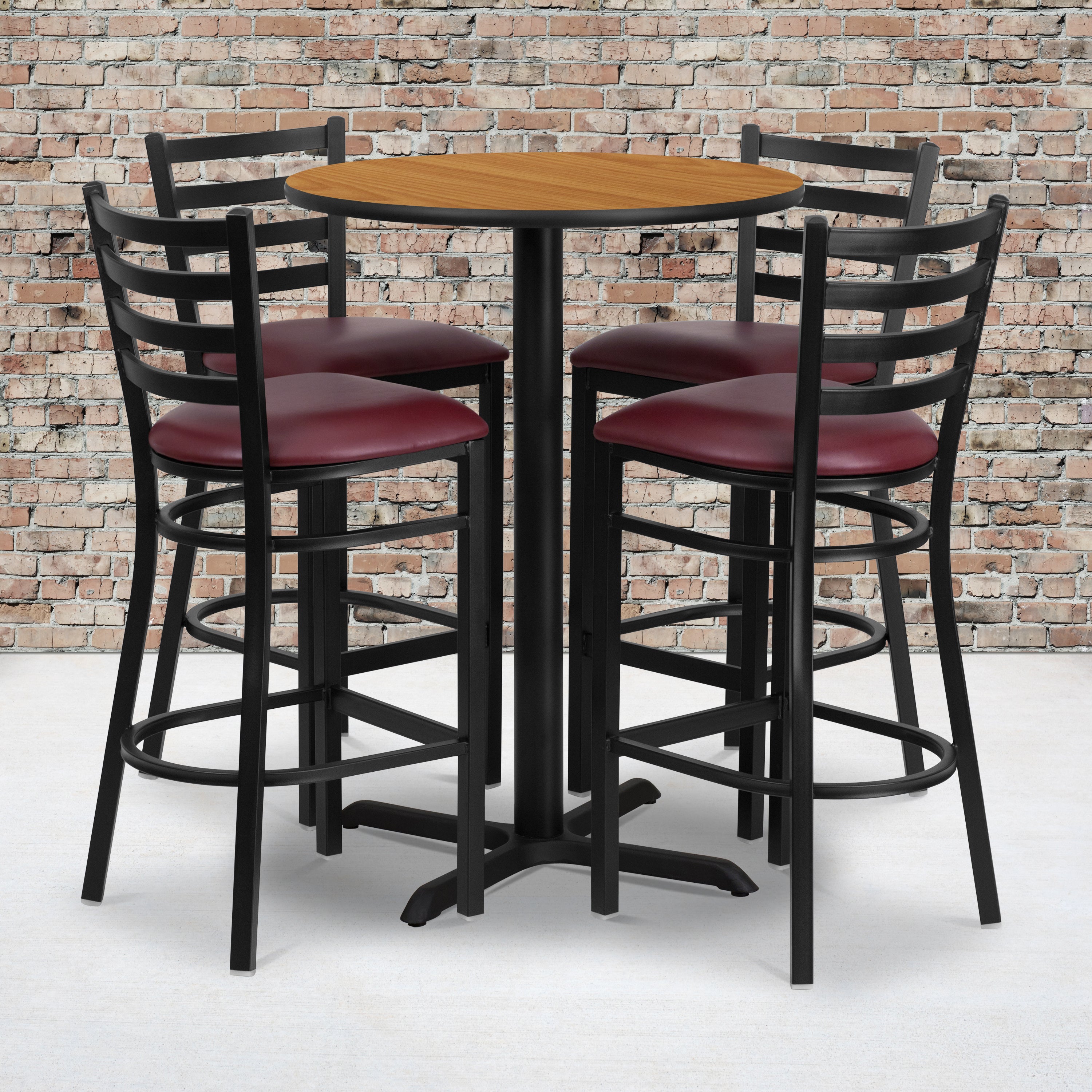 30'' Round Laminate Table Set with X-Base and 4 Ladder Back Metal Barstools-Laminate Restaurant Bar Table and Stool Set-Flash Furniture-Wall2Wall Furnishings