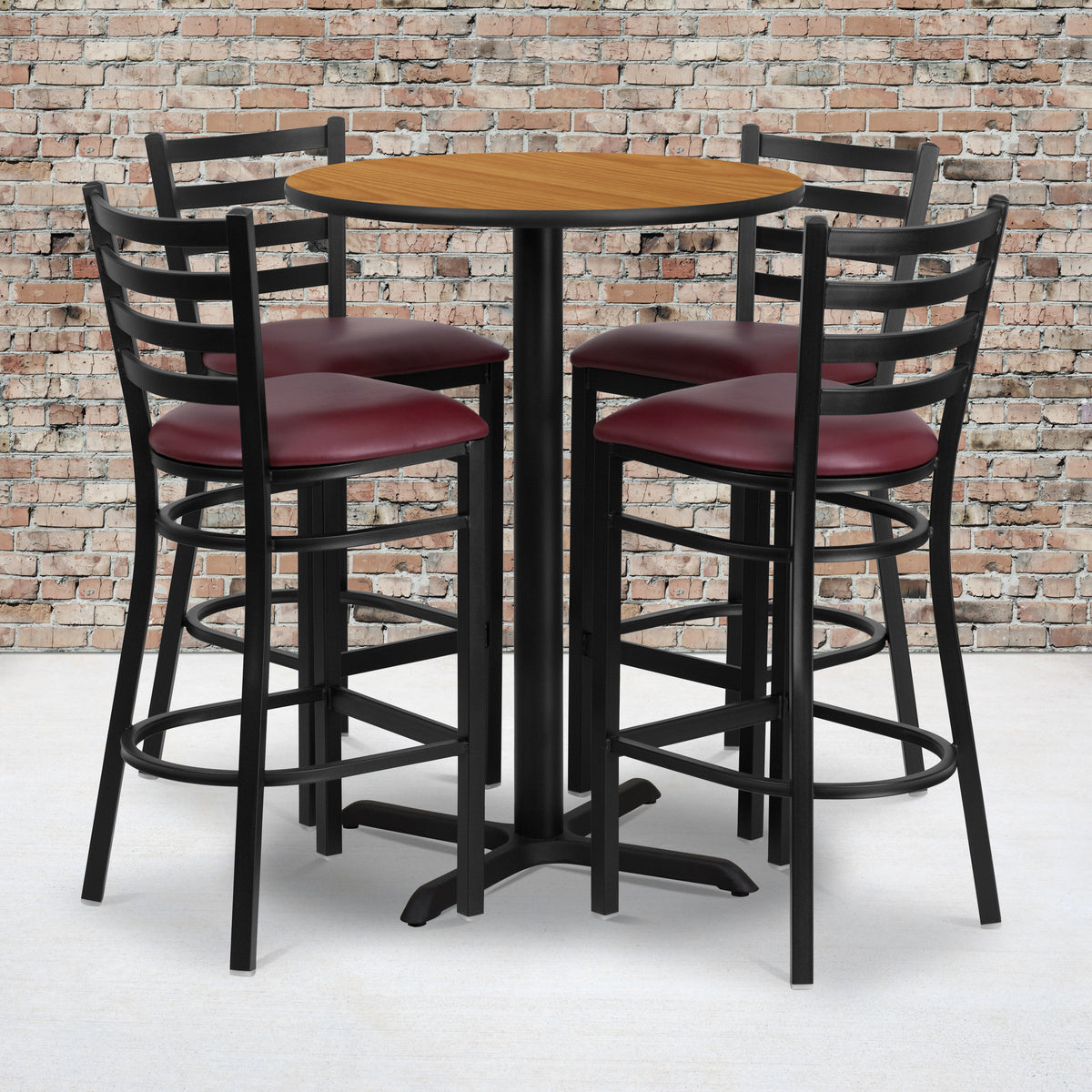 30'' Round Laminate Table Set with X-Base and 4 Ladder Back Metal Barstools