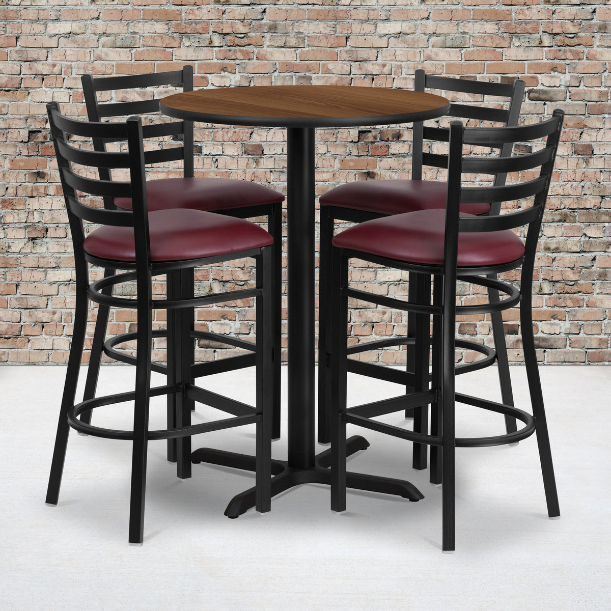 30'' Round Laminate Table Set with X-Base and 4 Ladder Back Metal Barstools