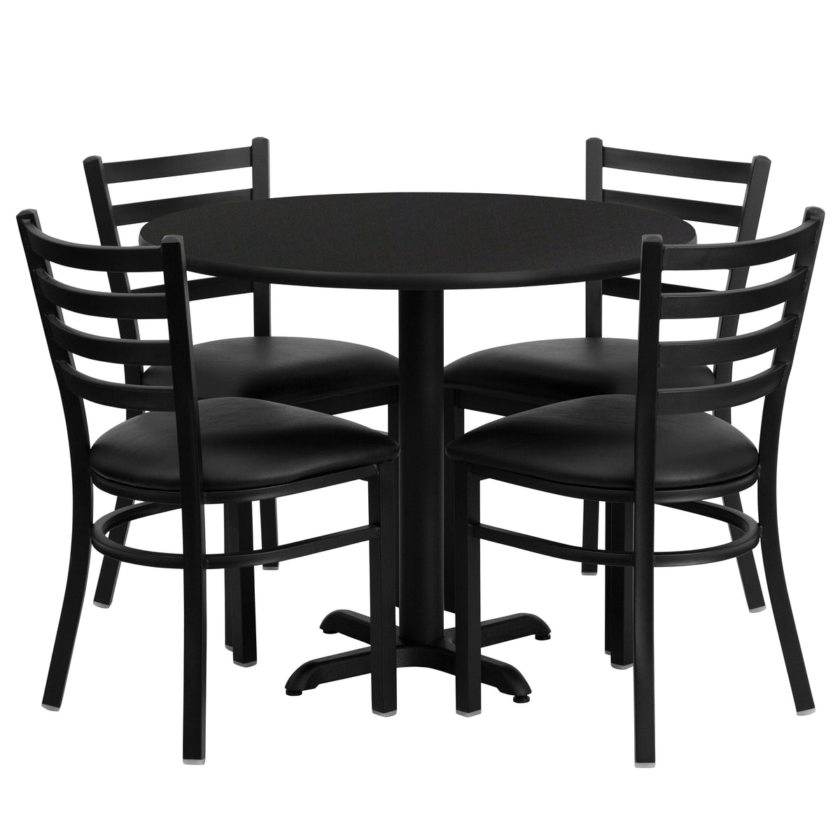 36'' Round Laminate Table Set with X-Base and 4 Ladder Back Metal Chairs