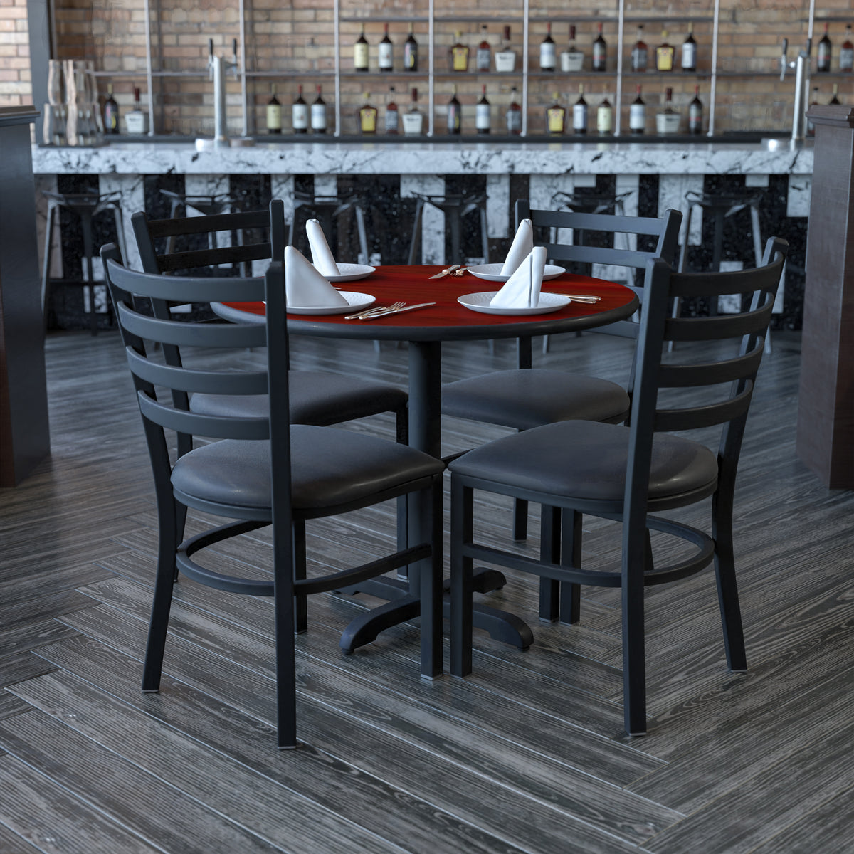 36'' Round Laminate Table Set with X-Base and 4 Ladder Back Metal Chairs