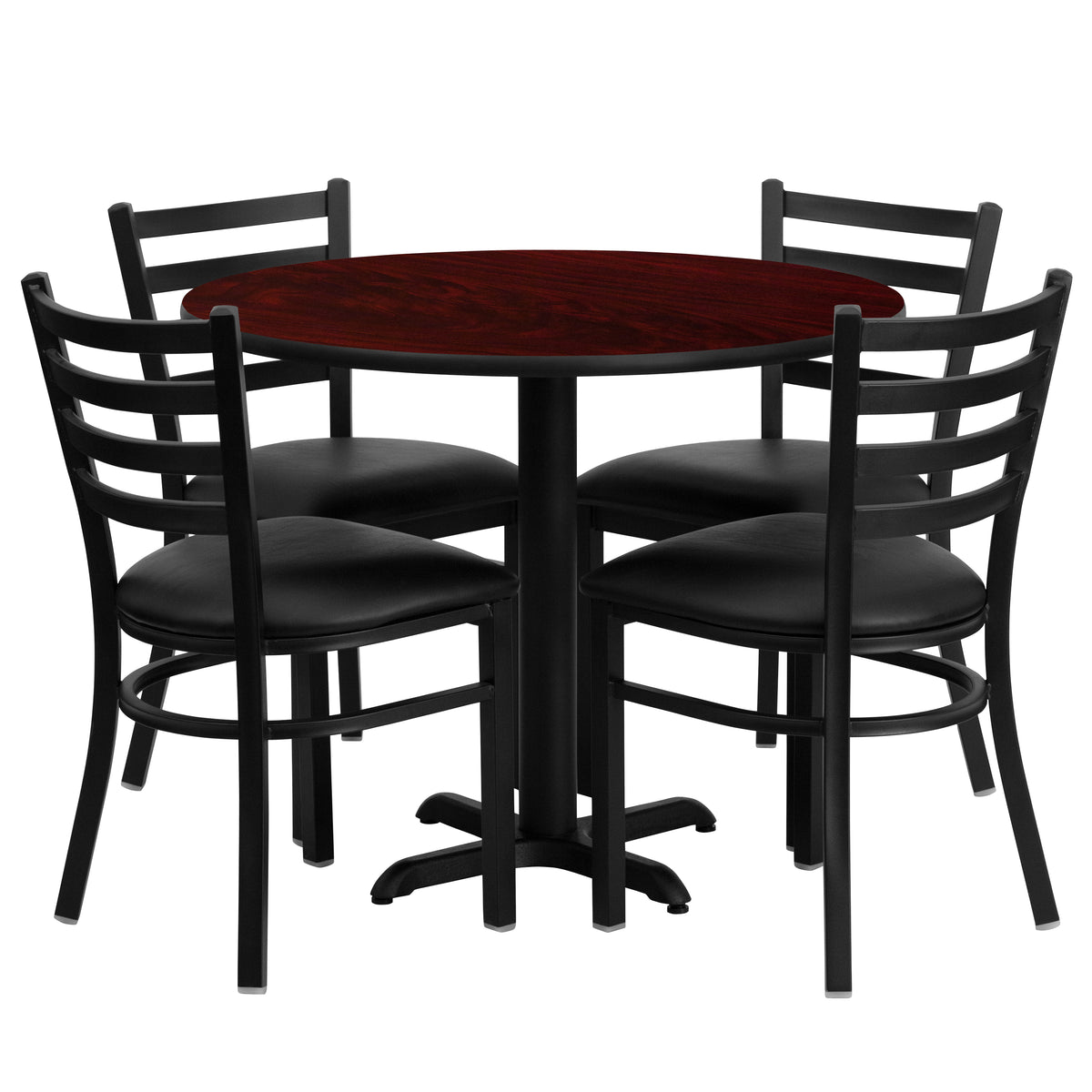 36'' Round Laminate Table Set with X-Base and 4 Ladder Back Metal Chairs
