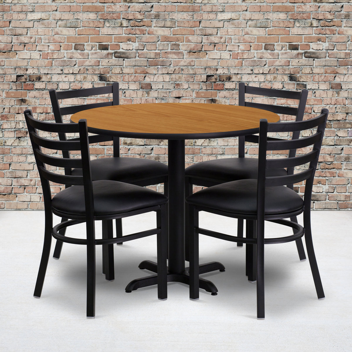 36'' Round Laminate Table Set with X-Base and 4 Ladder Back Metal Chairs
