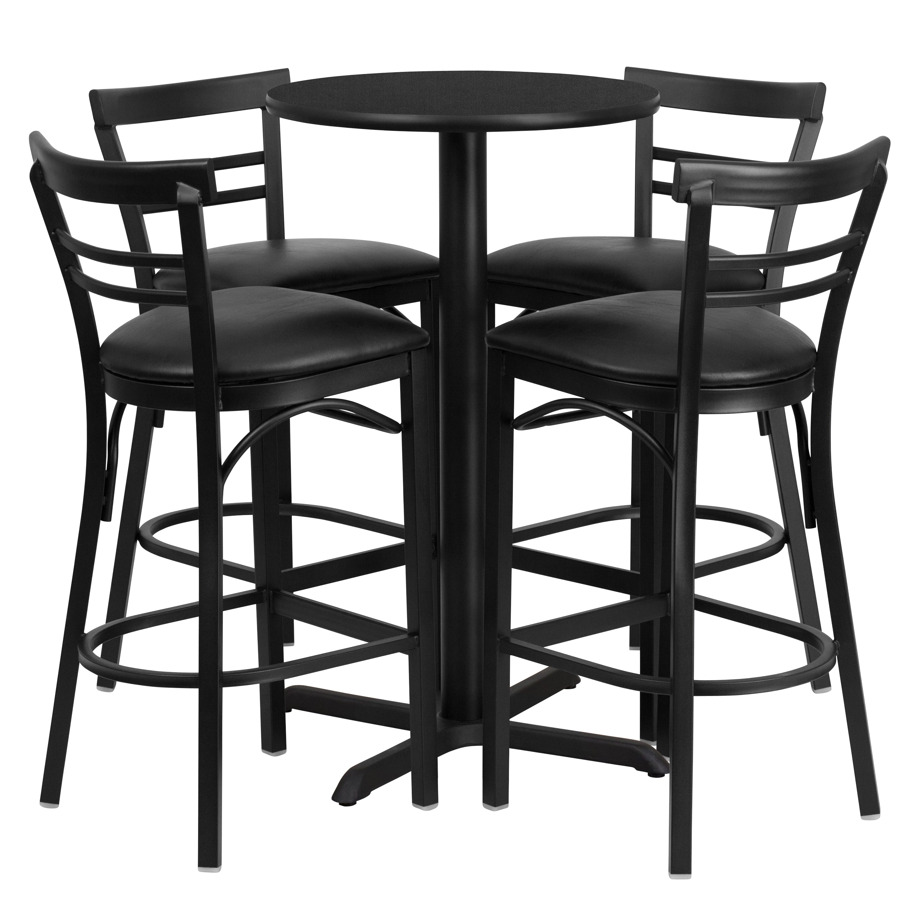 24'' Round Laminate Table Set with X-Base and 4 Two-Slat Ladder Back Metal Barstools-Laminate Restaurant Bar Table and Stool Set-Flash Furniture-Wall2Wall Furnishings