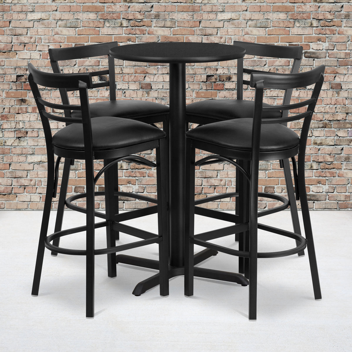 24'' Round Laminate Table Set with X-Base and 4 Two-Slat Ladder Back Metal Barstools
