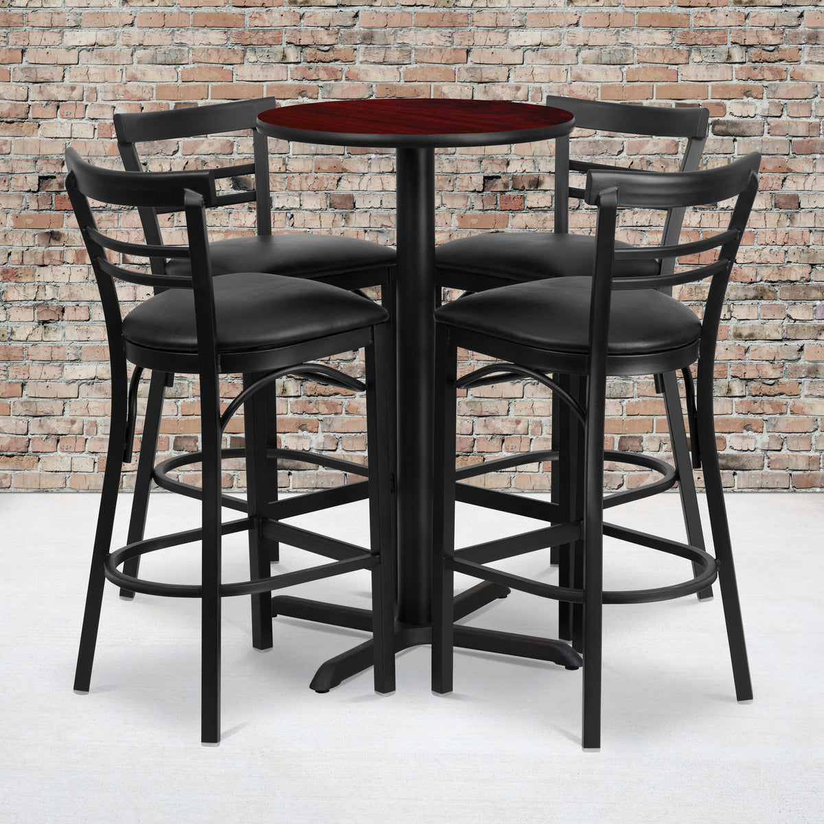24'' Round Laminate Table Set with X-Base and 4 Two-Slat Ladder Back Metal Barstools