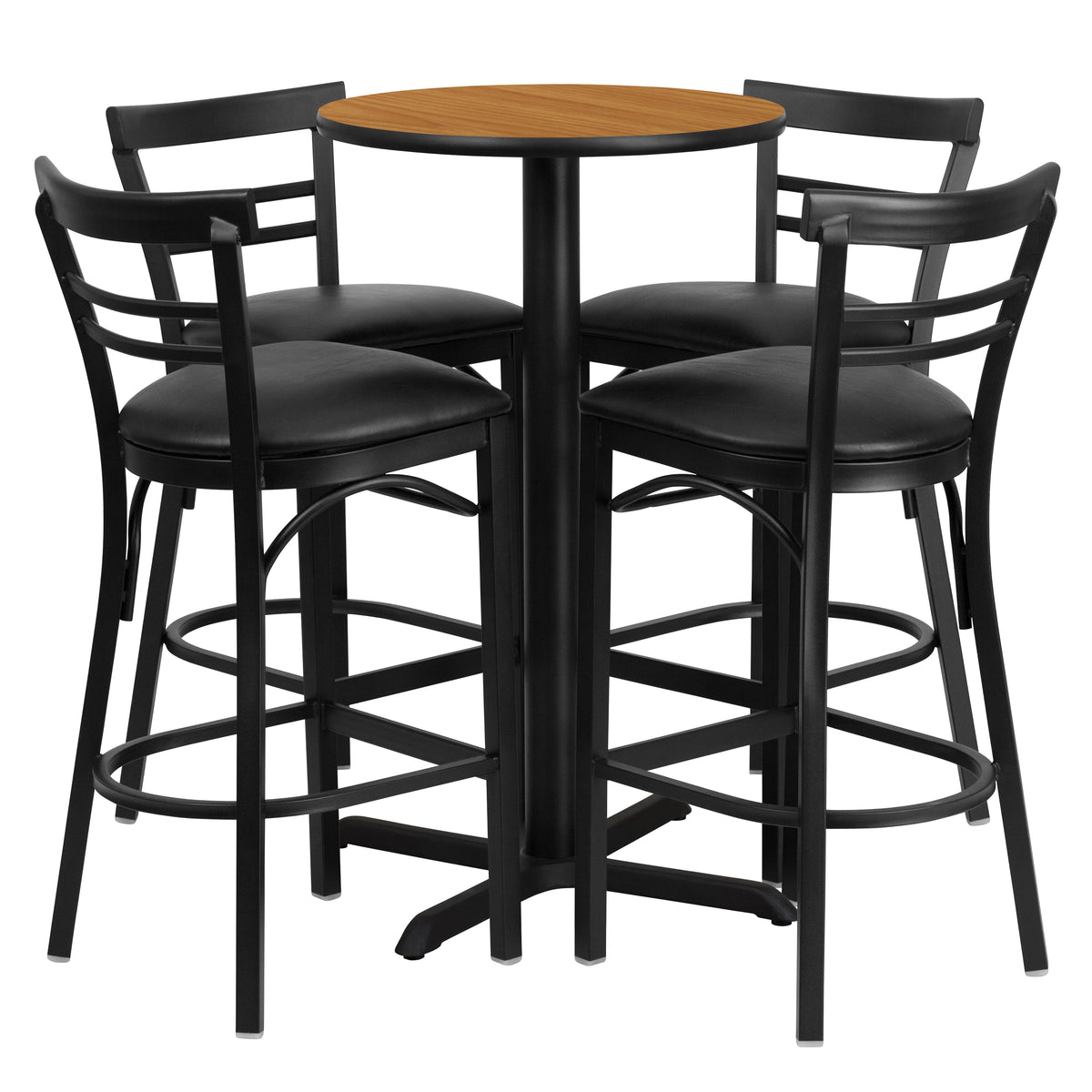 24'' Round Laminate Table Set with X-Base and 4 Two-Slat Ladder Back Metal Barstools
