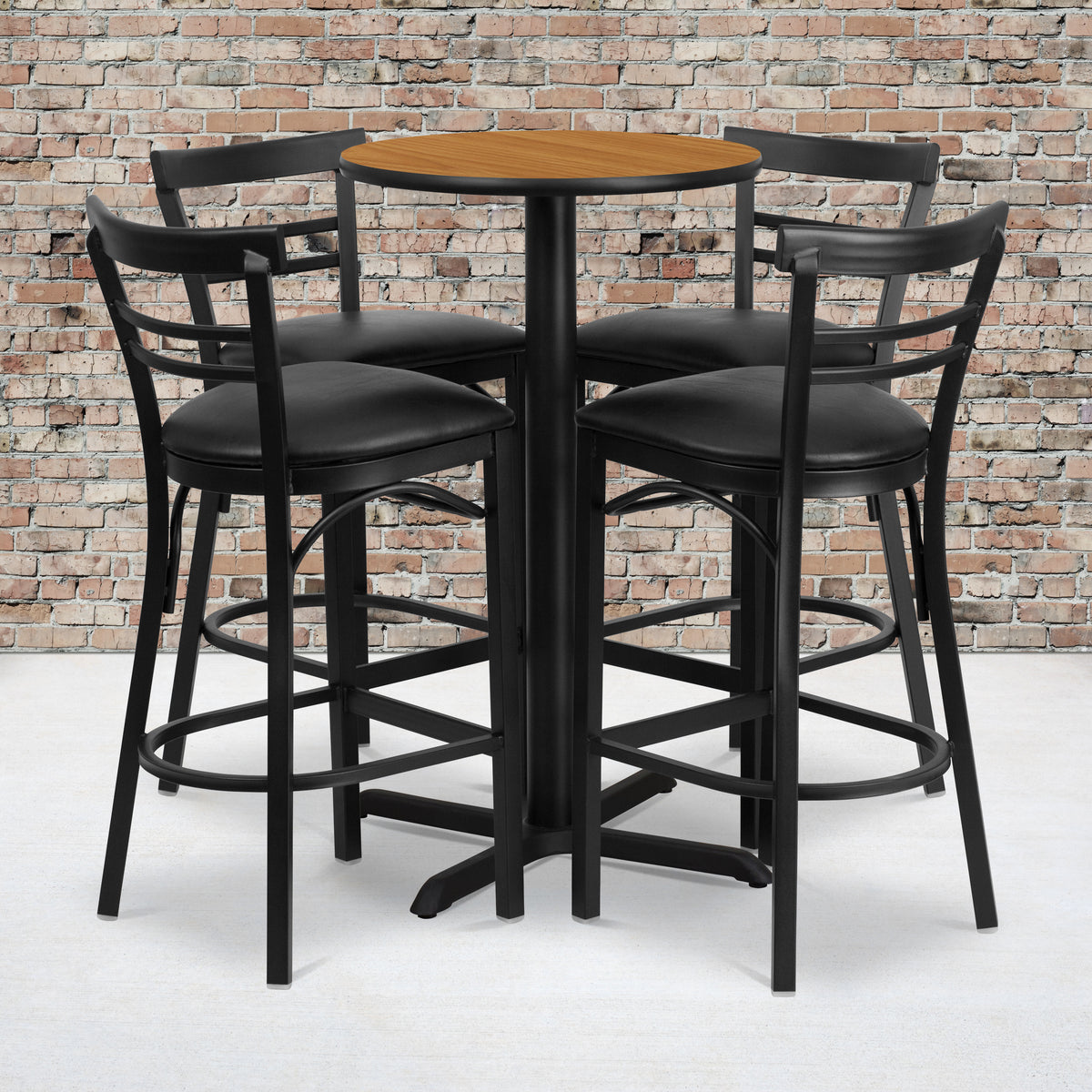 24'' Round Laminate Table Set with X-Base and 4 Two-Slat Ladder Back Metal Barstools