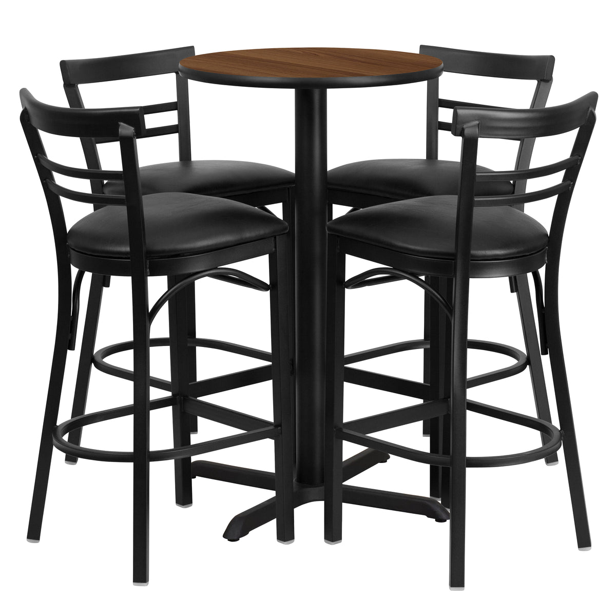 24'' Round Laminate Table Set with X-Base and 4 Two-Slat Ladder Back Metal Barstools