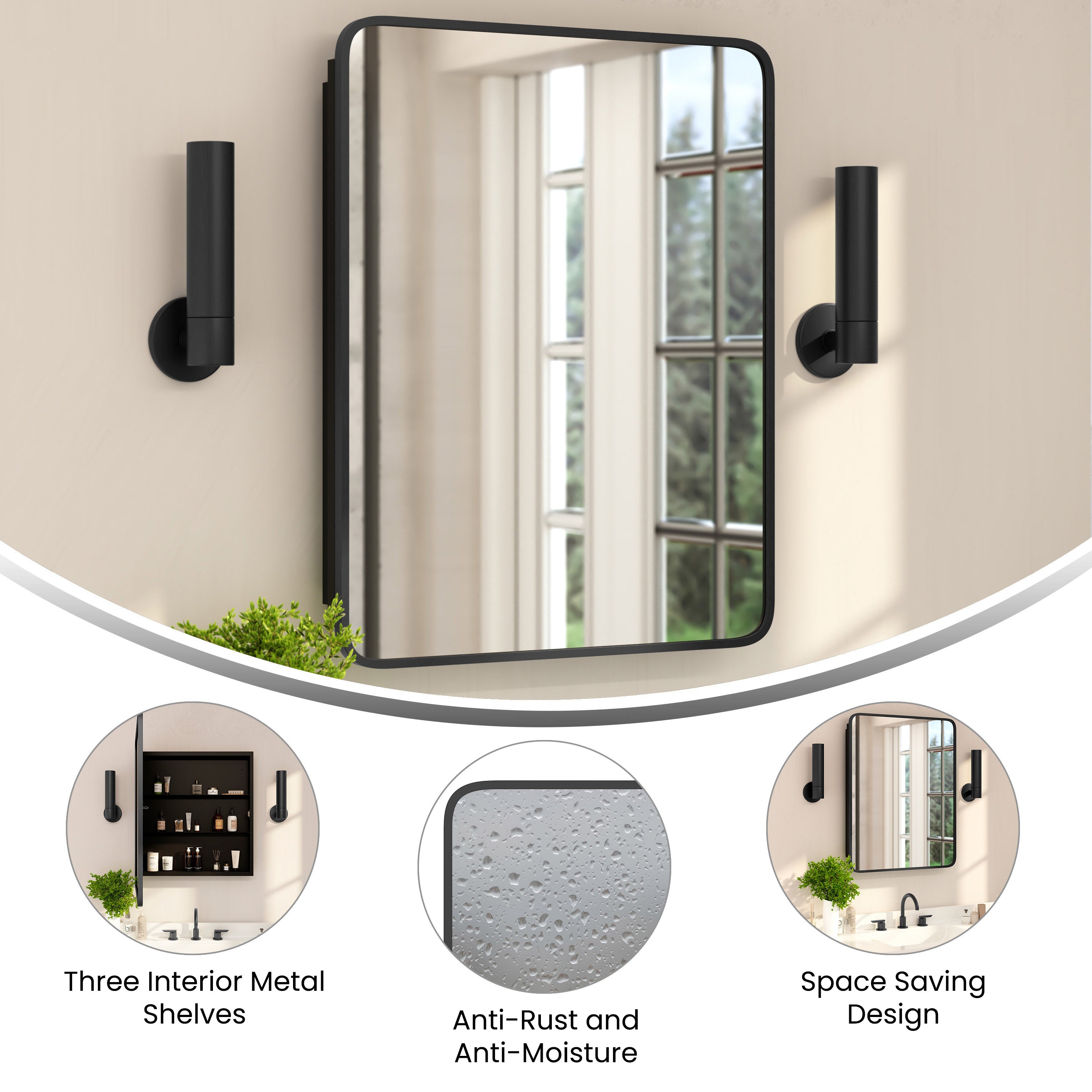 Jolie Recessed Bathroom Medicine Cabinet with Rounded Beveled Mirror and Reversible Metal Frame