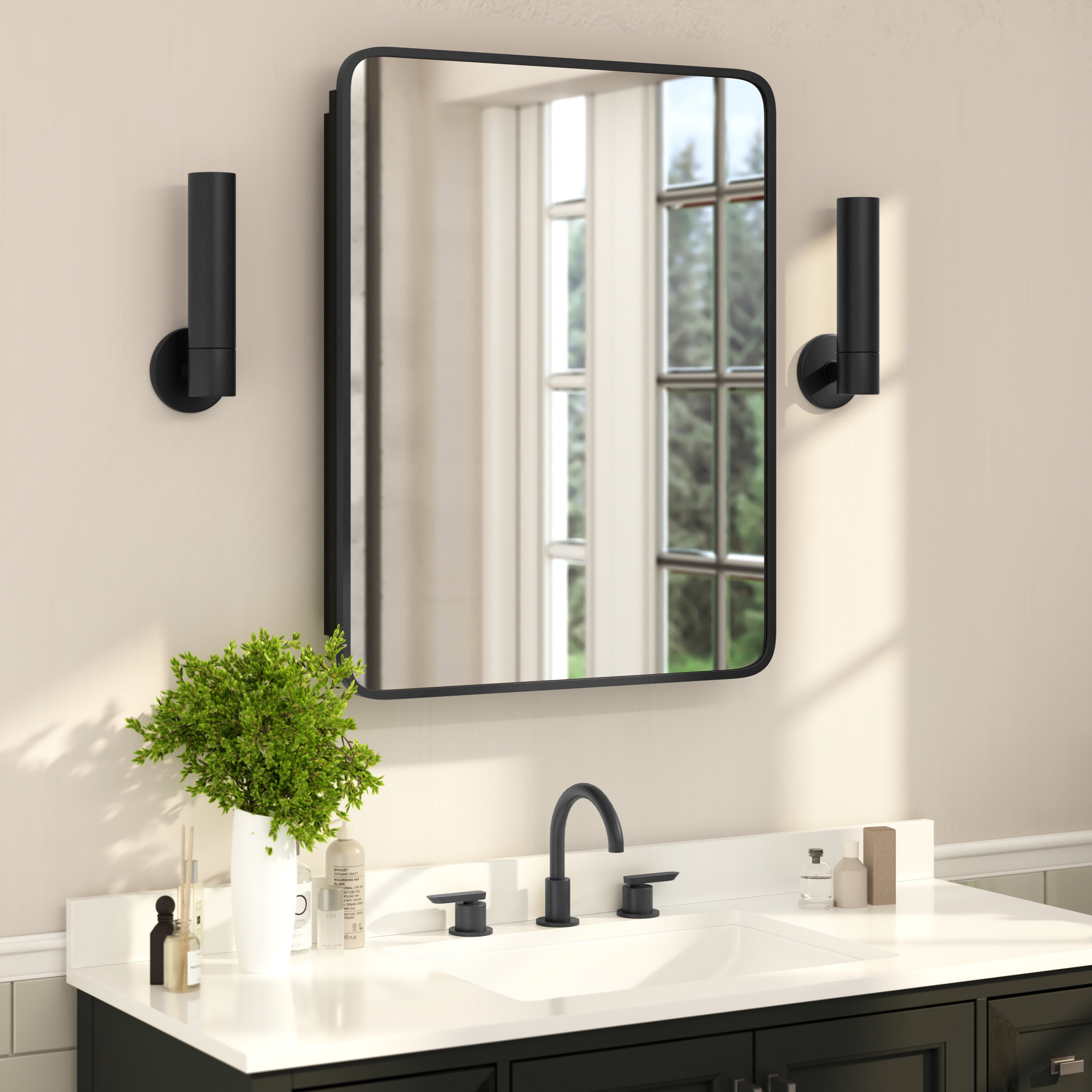 Jolie Recessed Bathroom Medicine Cabinet with Rounded Beveled Mirror and Reversible Metal Frame