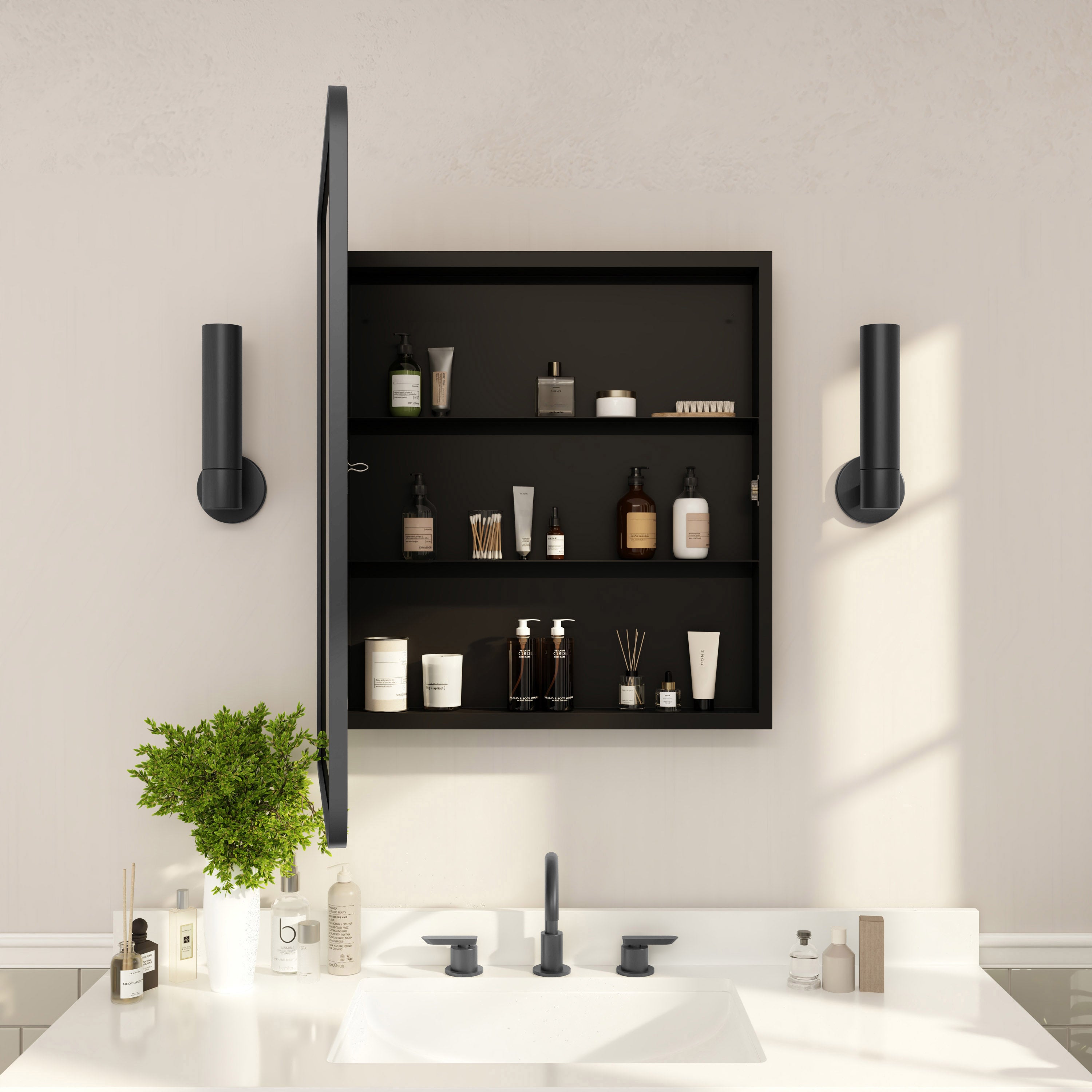 Jolie Recessed Bathroom Medicine Cabinet with Rounded Beveled Mirror and Reversible Metal Frame