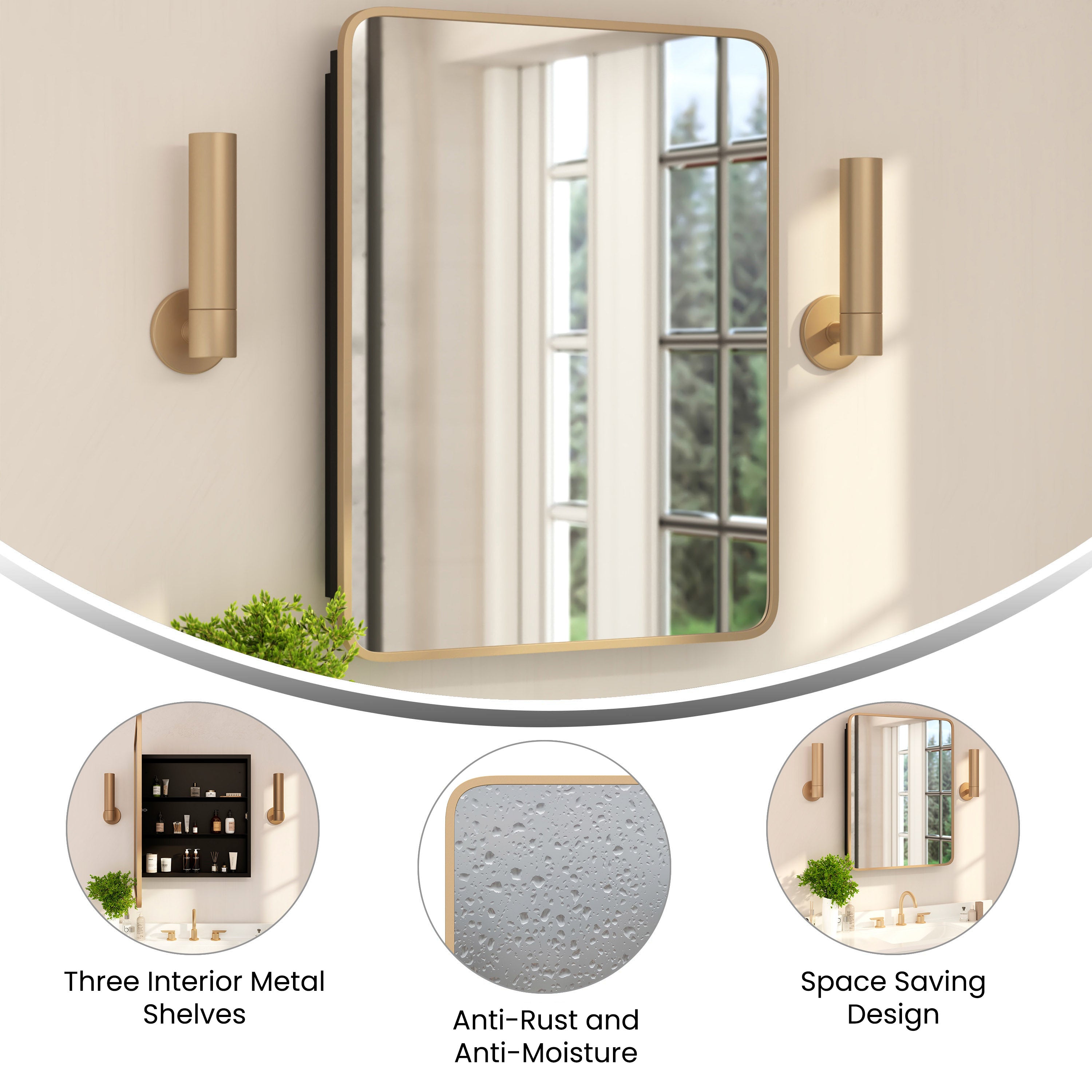 Jolie Recessed Bathroom Medicine Cabinet with Rounded Beveled Mirror and Reversible Metal Frame
