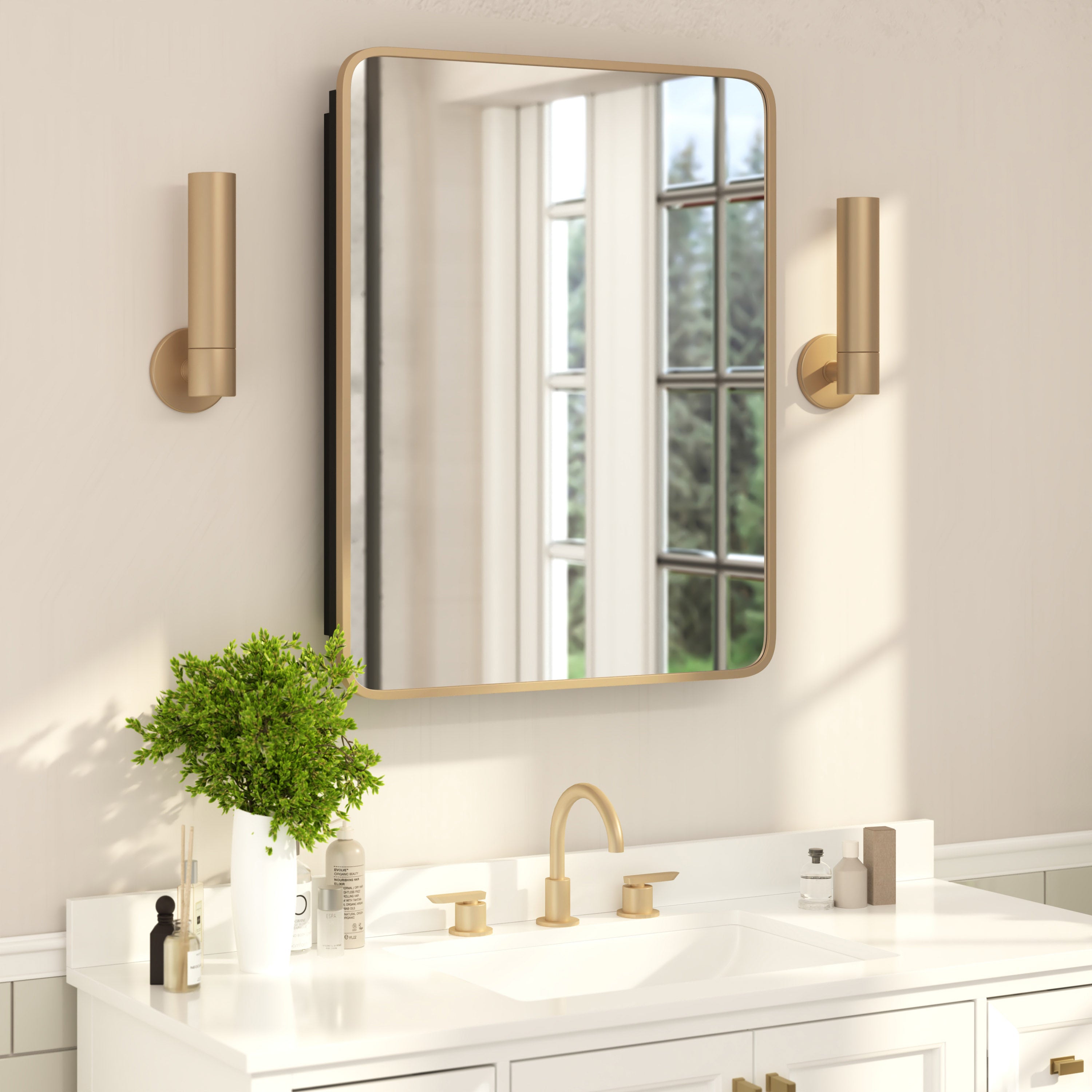 Jolie Recessed Bathroom Medicine Cabinet with Rounded Beveled Mirror and Reversible Metal Frame