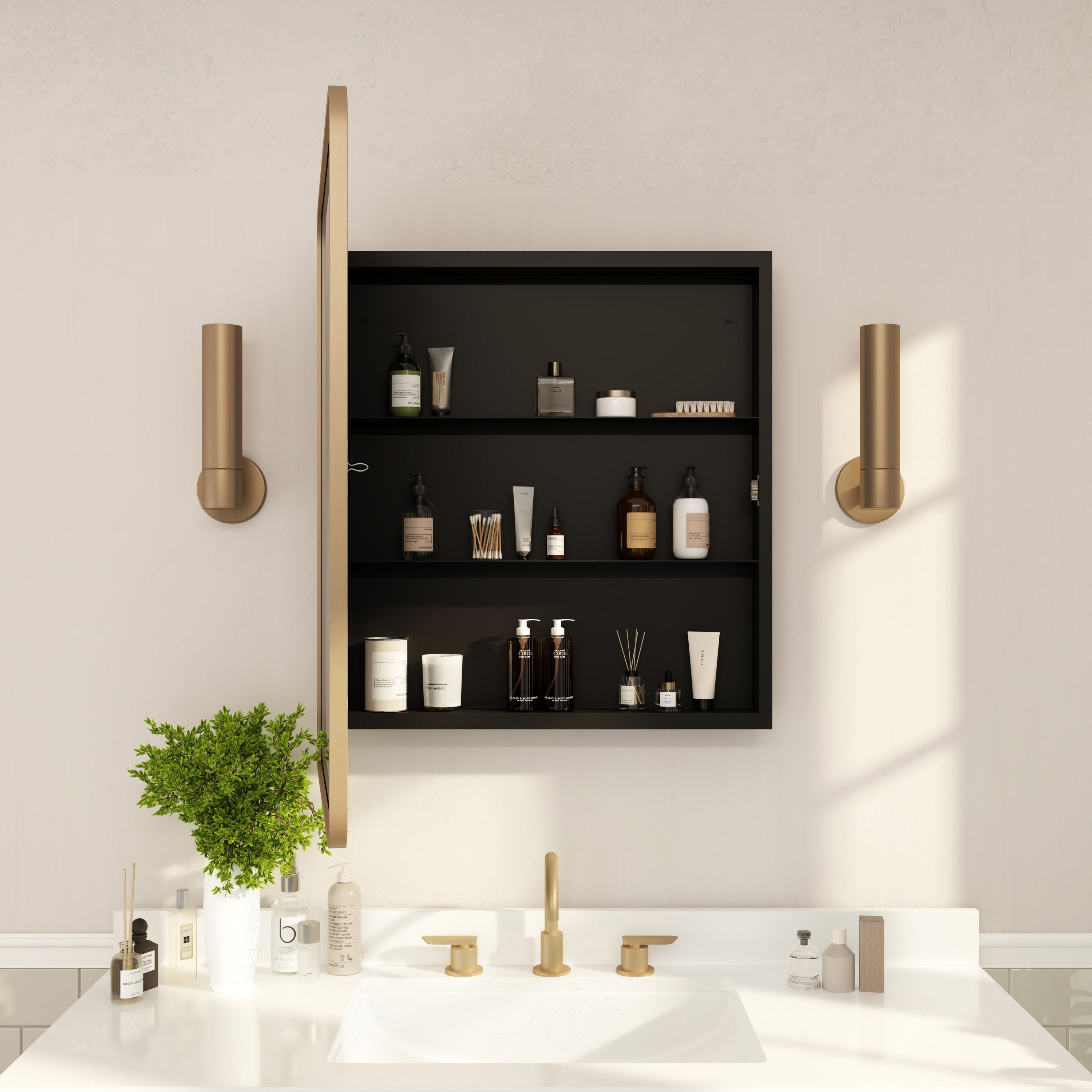Jolie Recessed Bathroom Medicine Cabinet with Rounded Beveled Mirror and Reversible Metal Frame