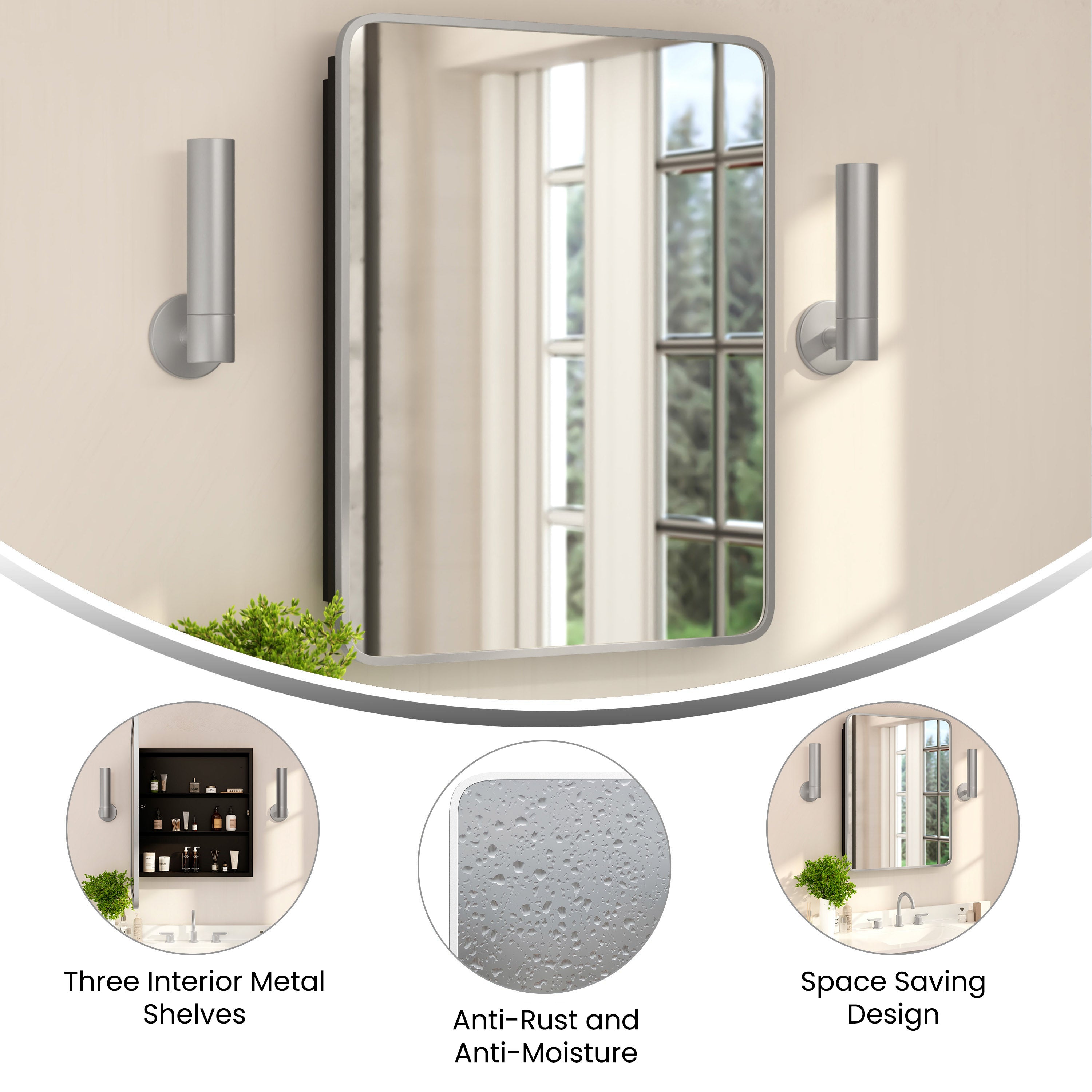 Jolie Recessed Bathroom Medicine Cabinet with Rounded Beveled Mirror and Reversible Metal Frame