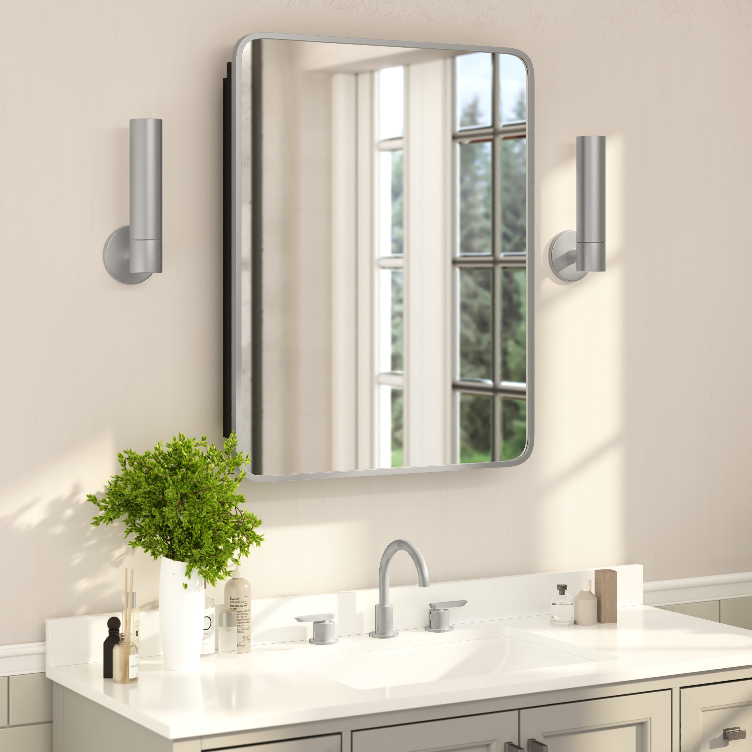 Jolie Recessed Bathroom Medicine Cabinet with Rounded Beveled Mirror and Reversible Metal Frame