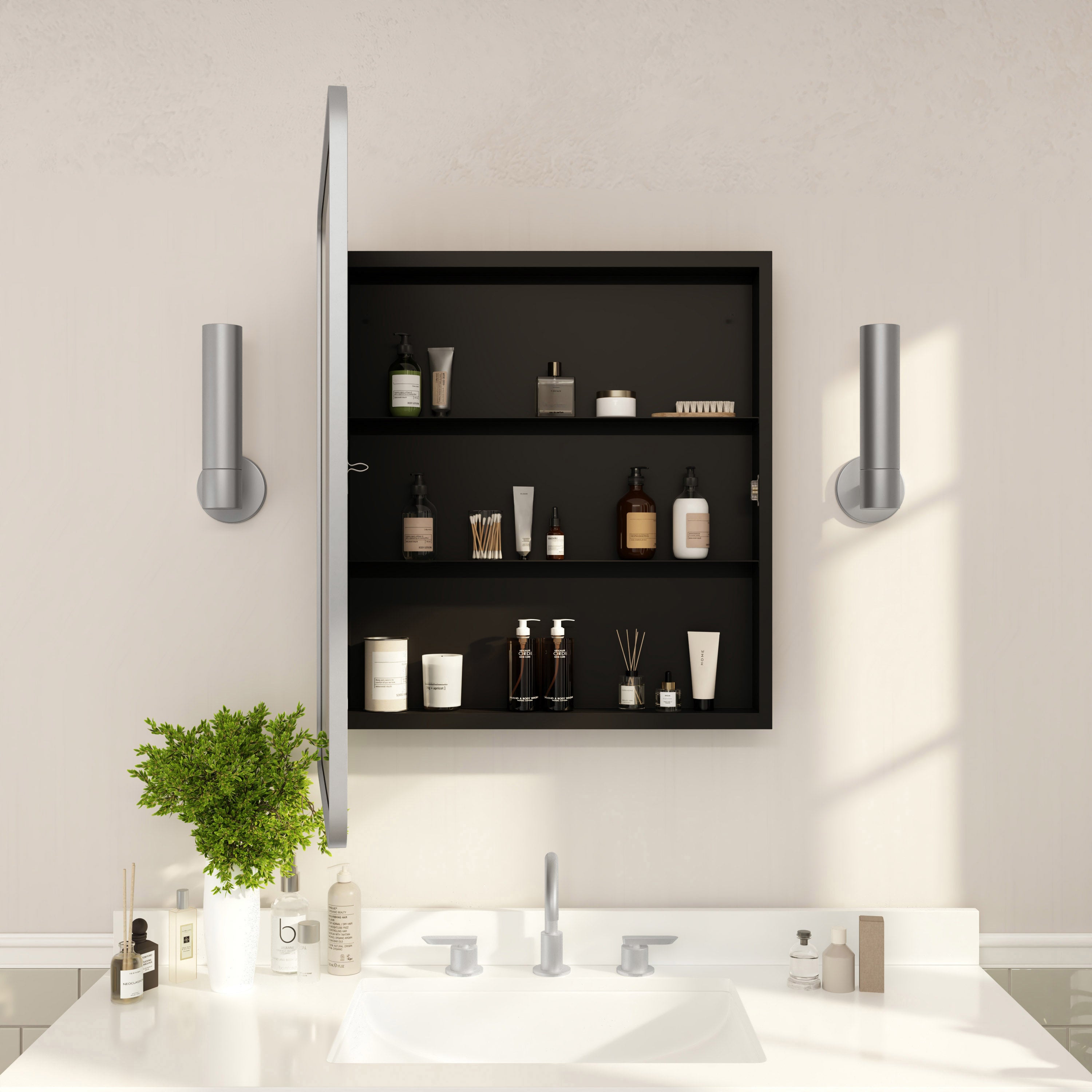 Jolie Recessed Bathroom Medicine Cabinet with Rounded Beveled Mirror and Reversible Metal Frame