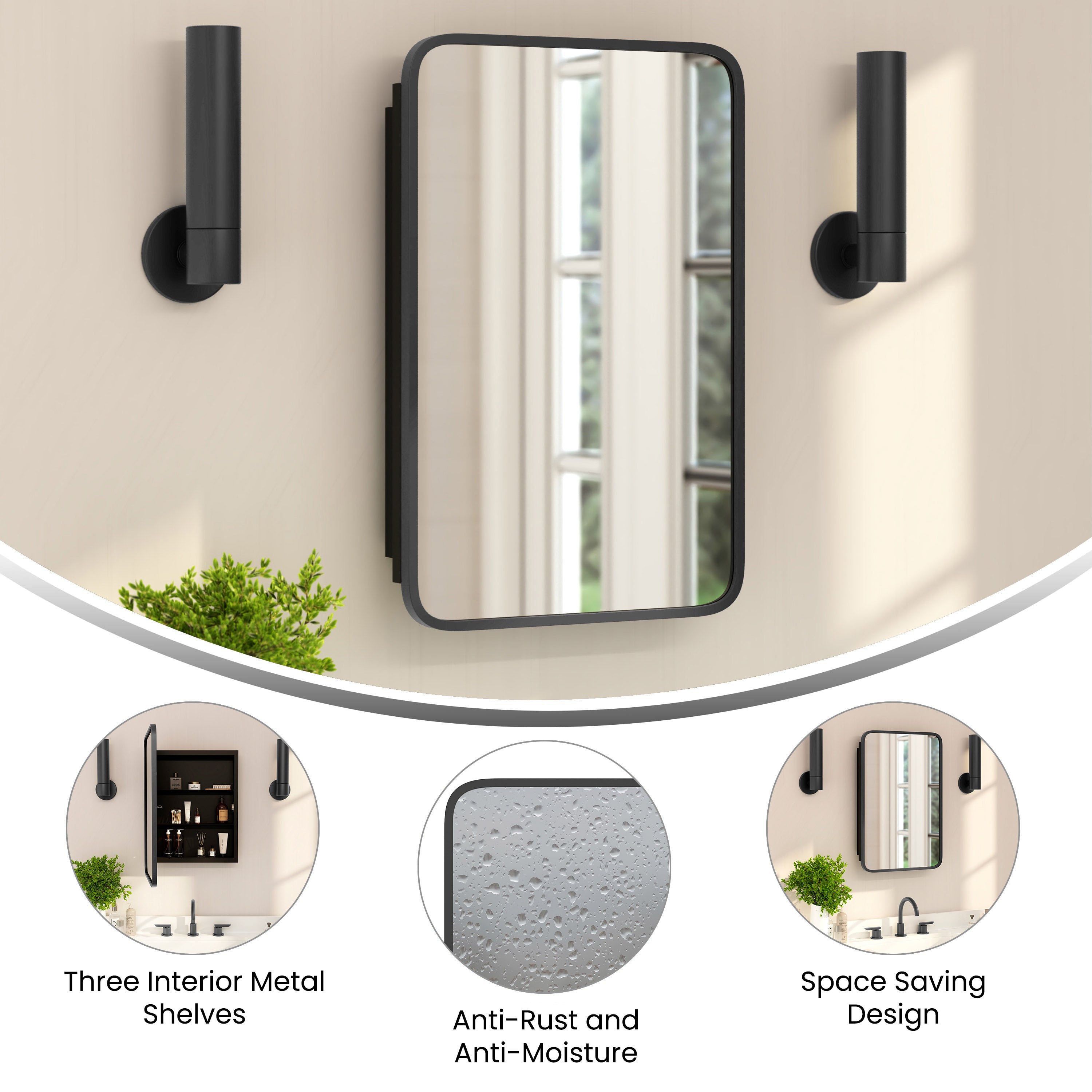 Jolie Recessed Bathroom Medicine Cabinet with Rounded Beveled Mirror and Reversible Metal Frame