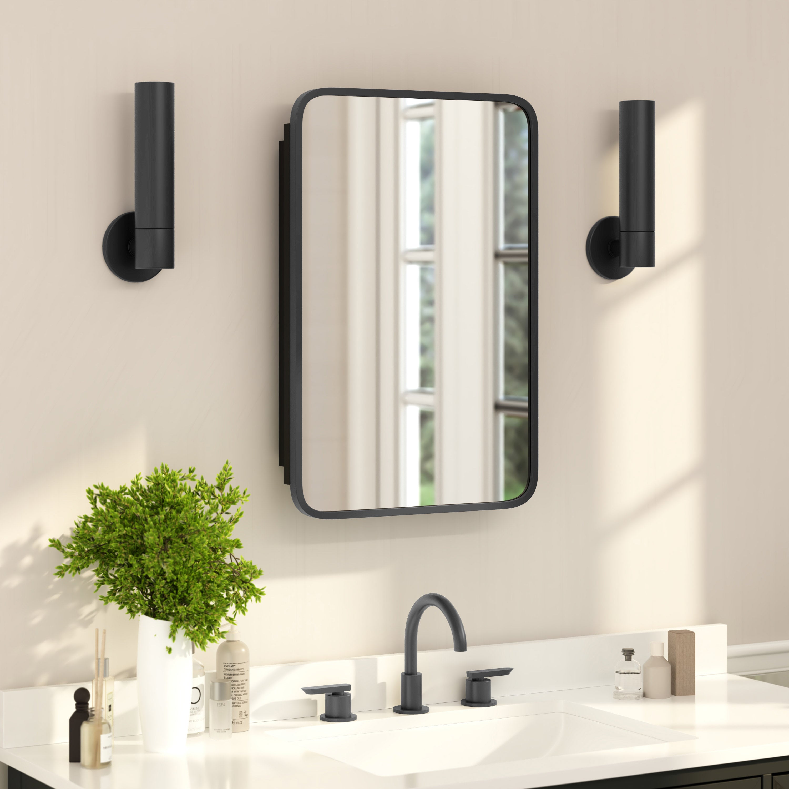 Jolie Recessed Bathroom Medicine Cabinet with Rounded Beveled Mirror and Reversible Metal Frame