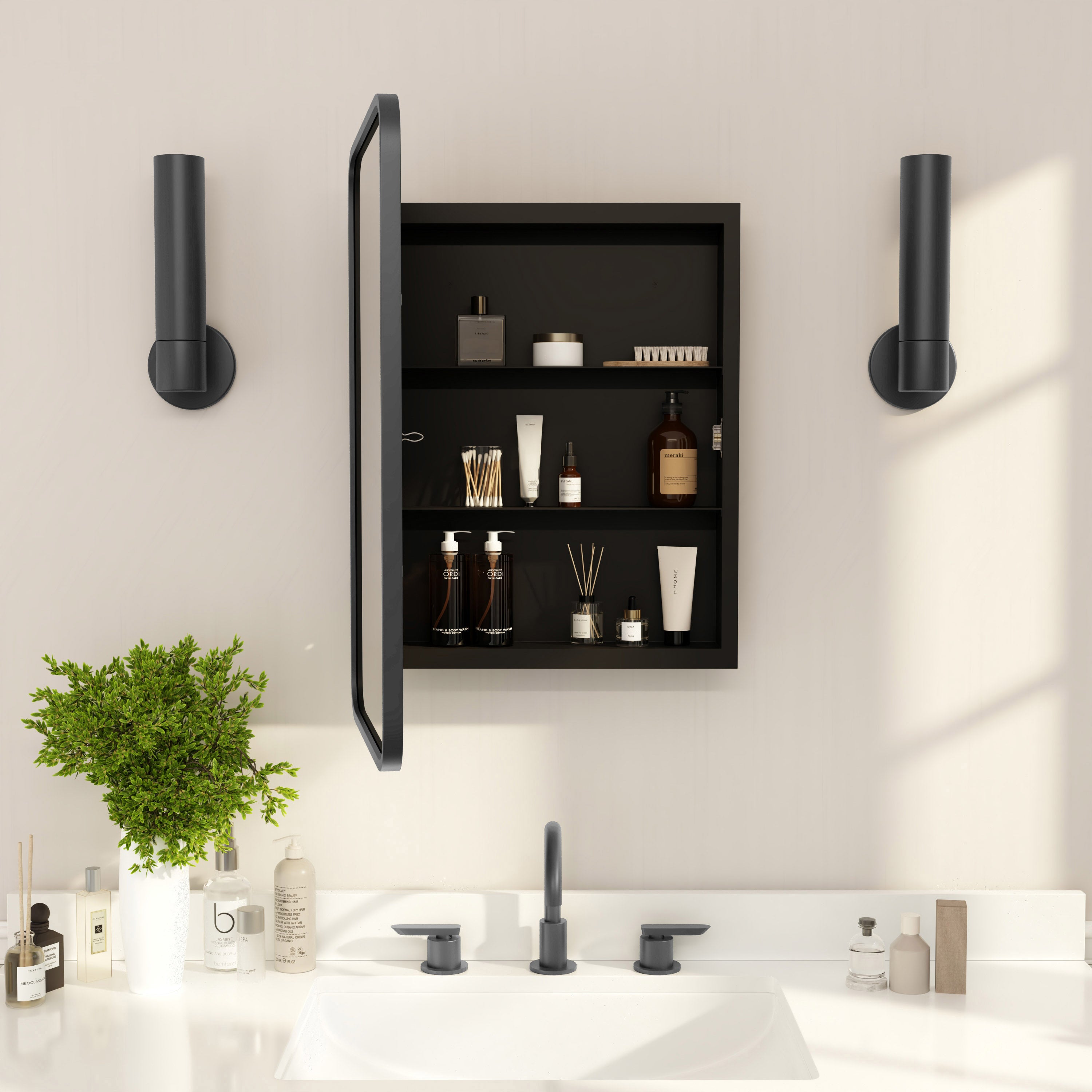Jolie Recessed Bathroom Medicine Cabinet with Rounded Beveled Mirror and Reversible Metal Frame