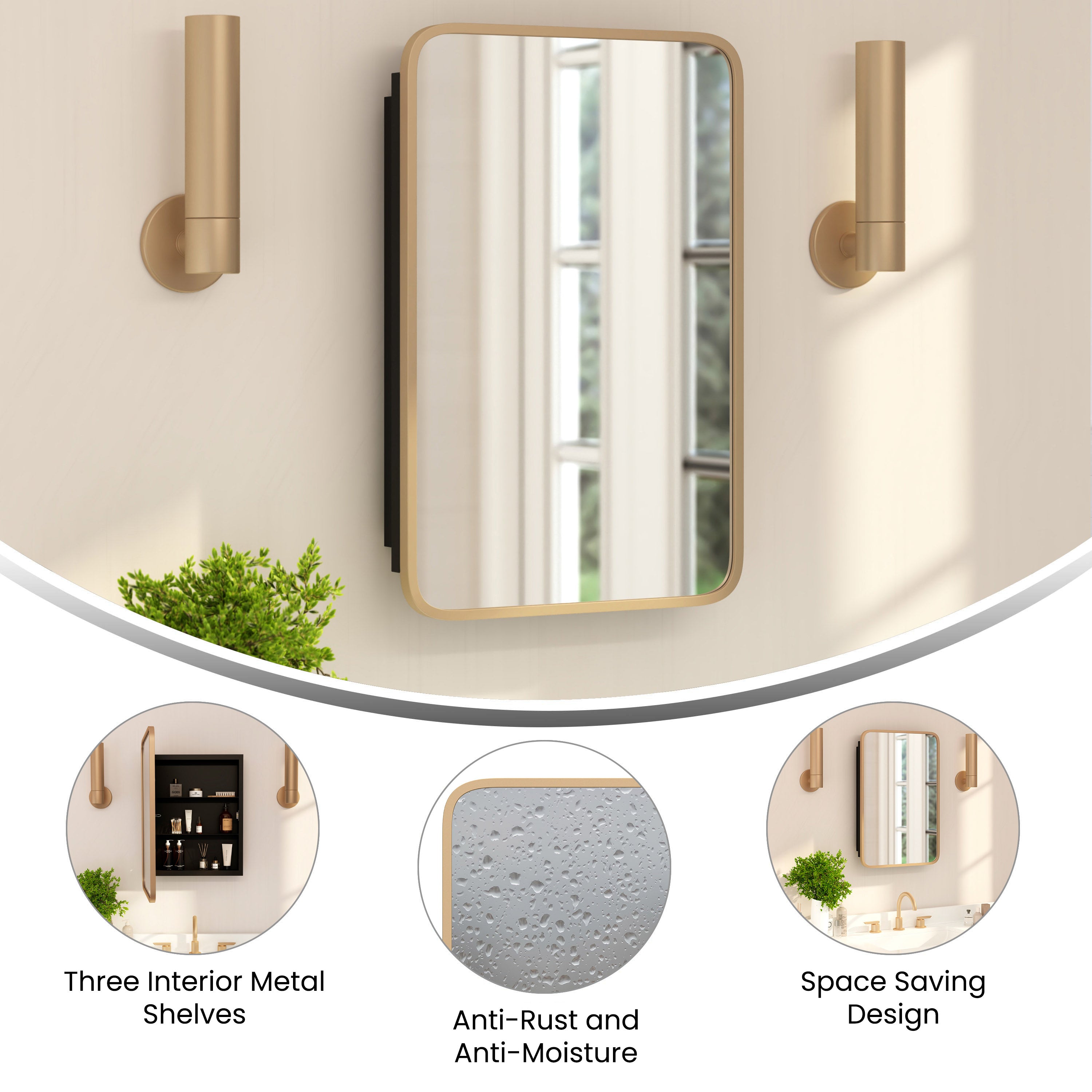 Jolie Recessed Bathroom Medicine Cabinet with Rounded Beveled Mirror and Reversible Metal Frame