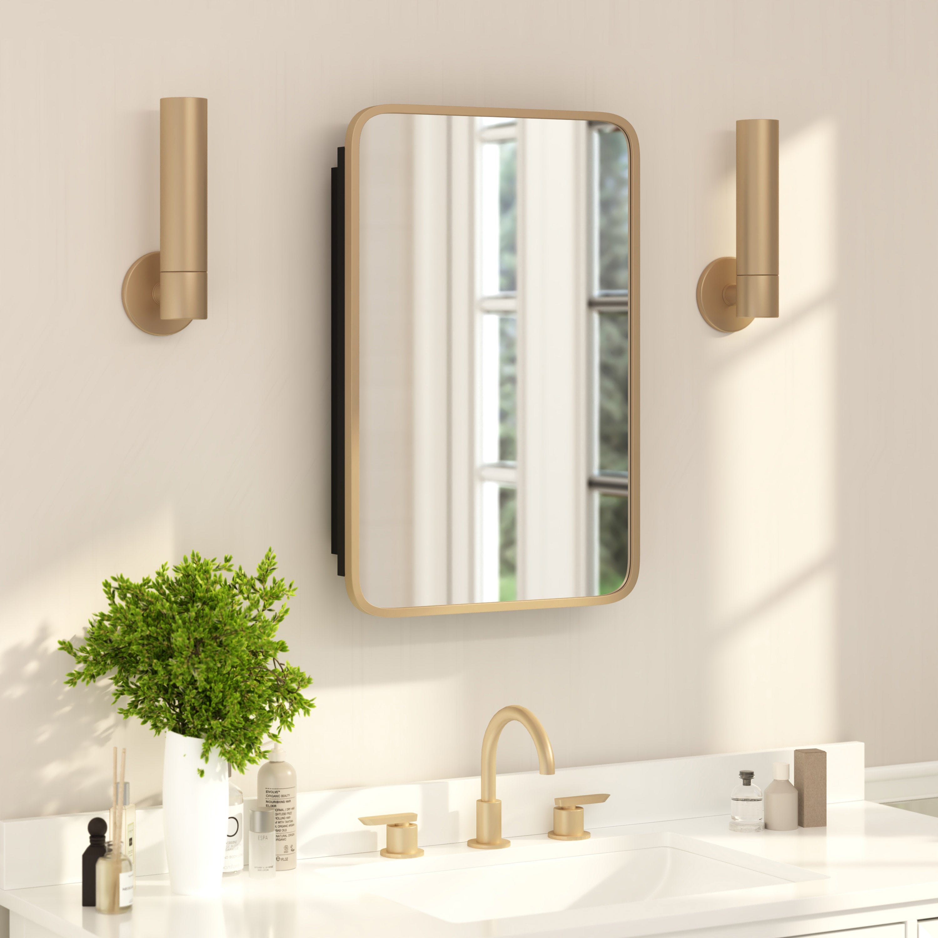 Jolie Recessed Bathroom Medicine Cabinet with Rounded Beveled Mirror and Reversible Metal Frame