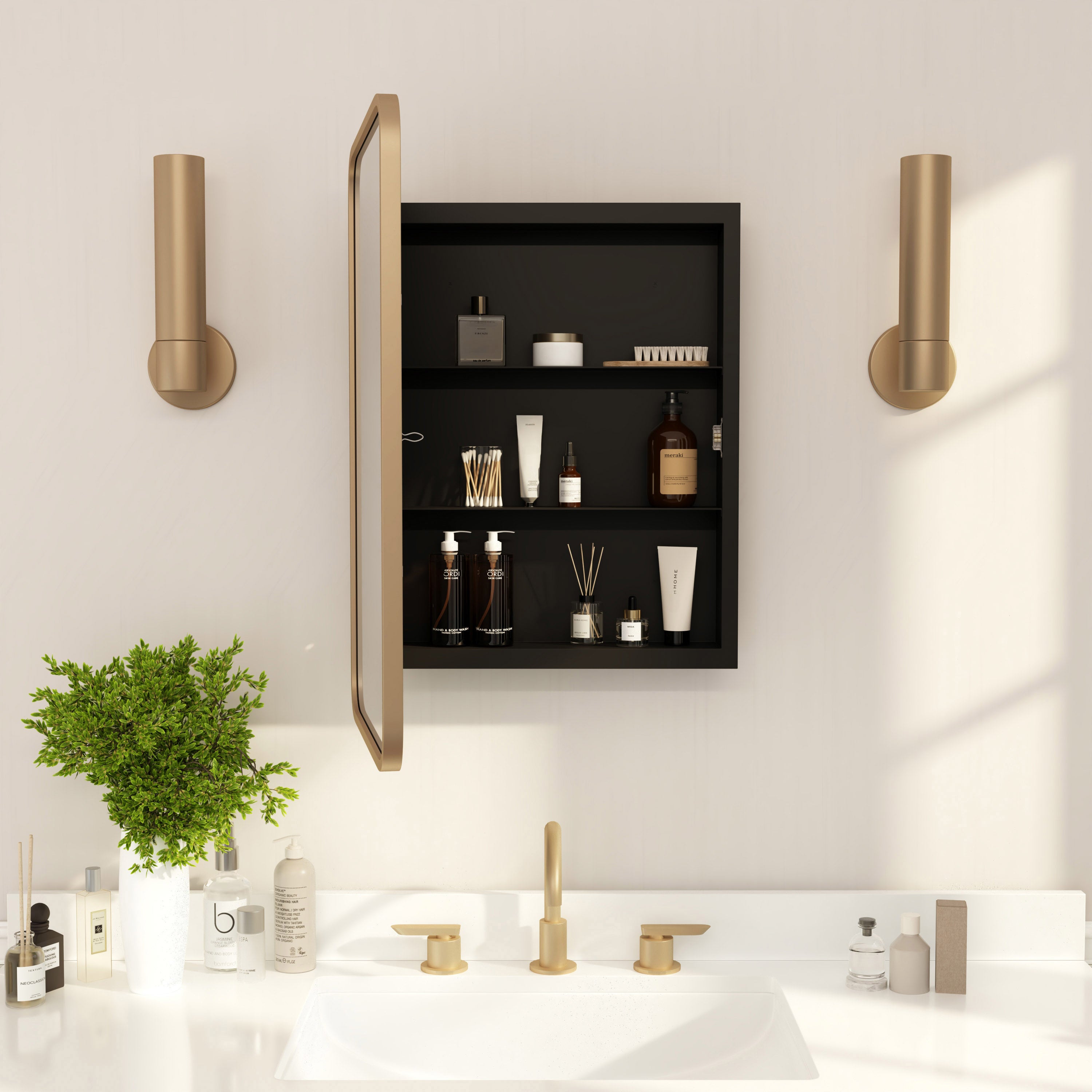 Jolie Recessed Bathroom Medicine Cabinet with Rounded Beveled Mirror and Reversible Metal Frame