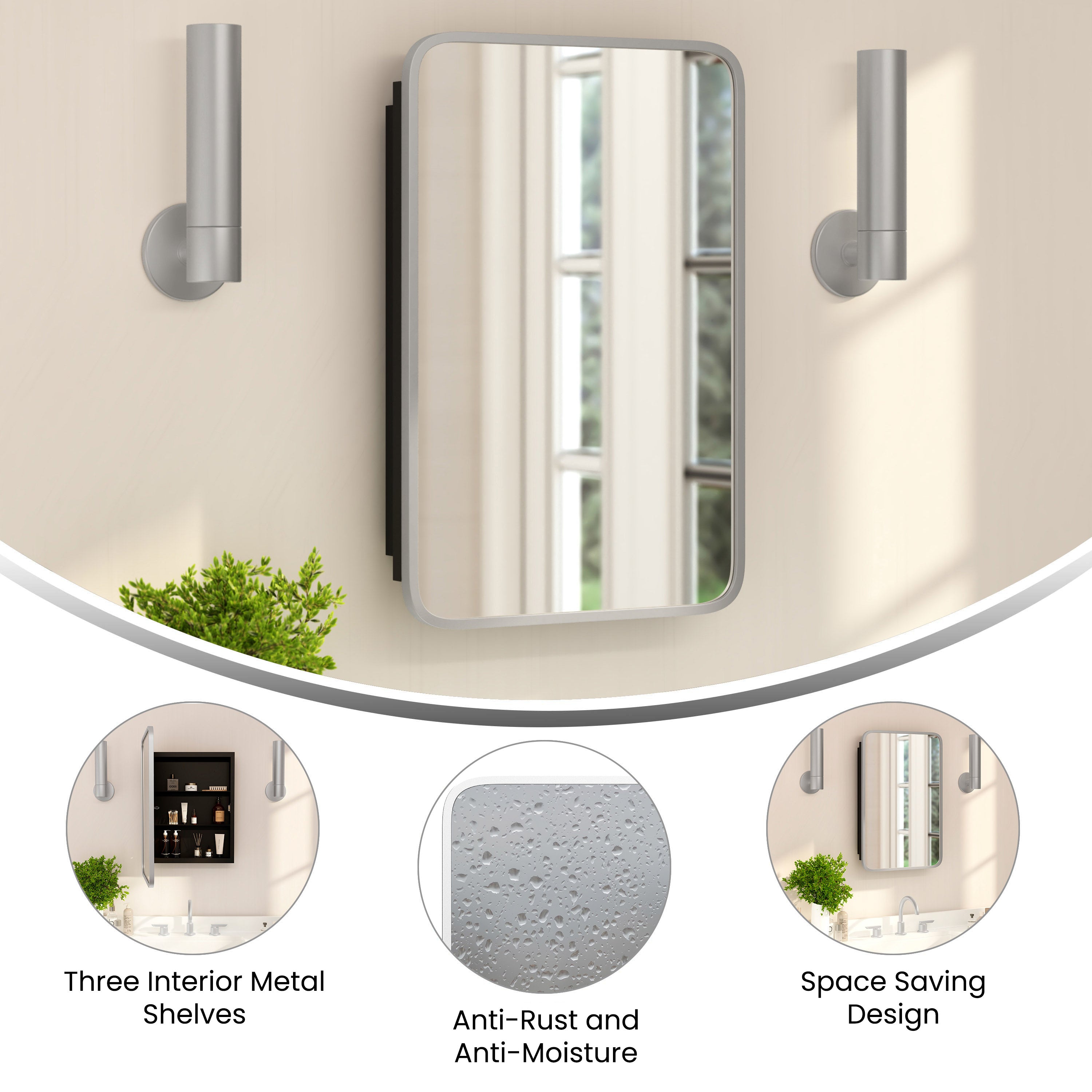 Jolie Recessed Bathroom Medicine Cabinet with Rounded Beveled Mirror and Reversible Metal Frame