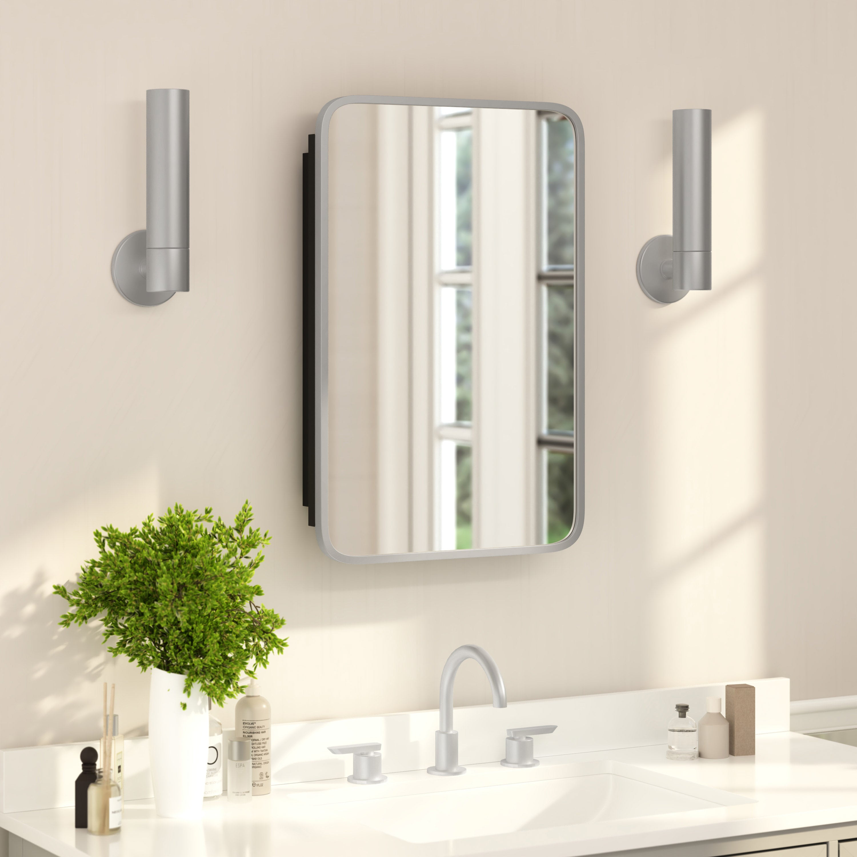 Jolie Recessed Bathroom Medicine Cabinet with Rounded Beveled Mirror and Reversible Metal Frame