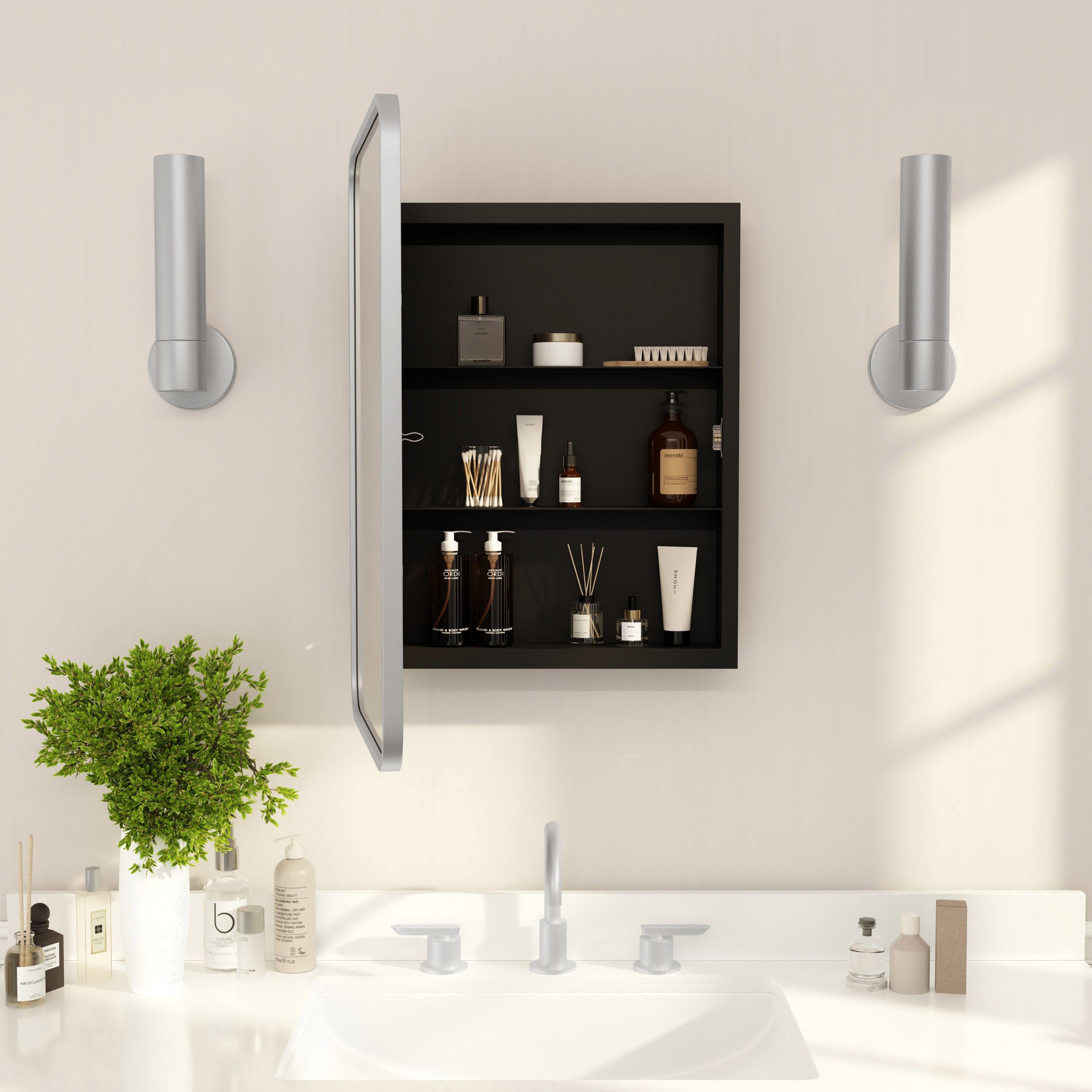 Jolie Recessed Bathroom Medicine Cabinet with Rounded Beveled Mirror and Reversible Metal Frame