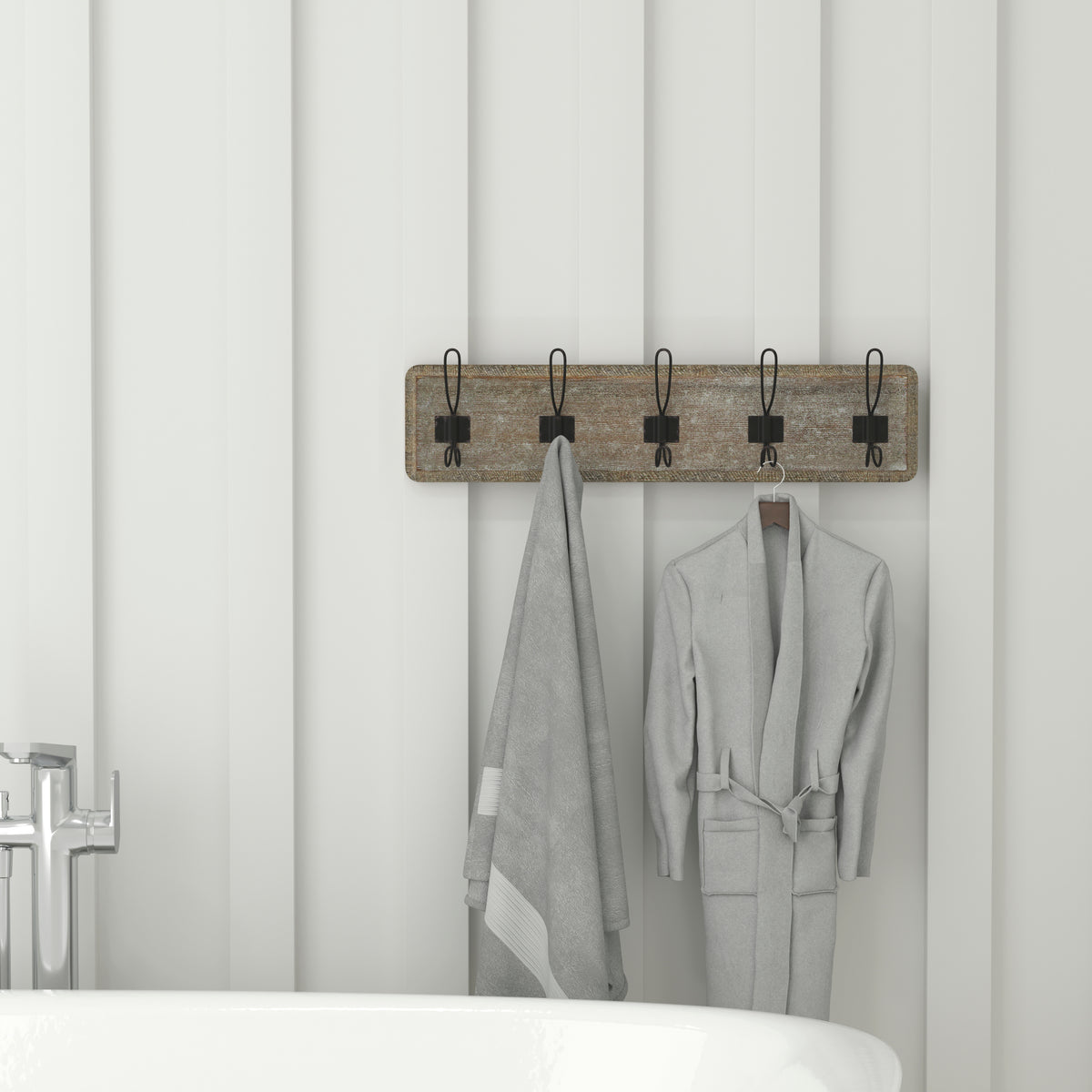 Daly Wall Mounted Solid Pine Wood Storage Rack with 5 Hanging Hooks For Entryway, Kitchen, Bathroom