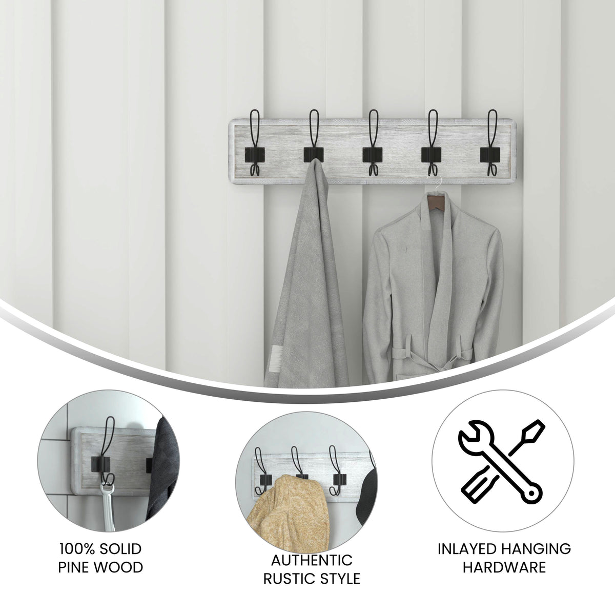 Daly Wall Mounted Solid Pine Wood Storage Rack with 5 Hanging Hooks For Entryway, Kitchen, Bathroom