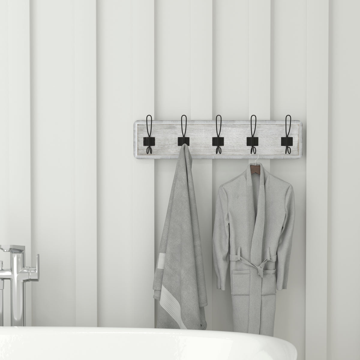 Daly Wall Mounted Solid Pine Wood Storage Rack with 5 Hanging Hooks For Entryway, Kitchen, Bathroom