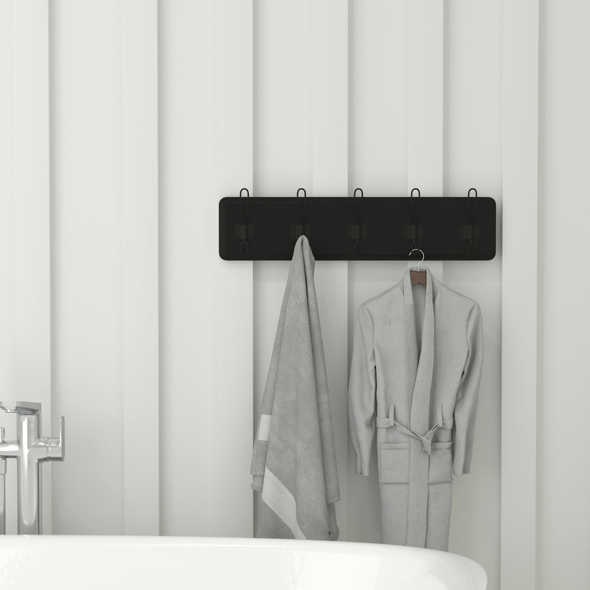Daly Wall Mounted Solid Pine Wood Storage Rack with 5 Hanging Hooks For Entryway, Kitchen, Bathroom