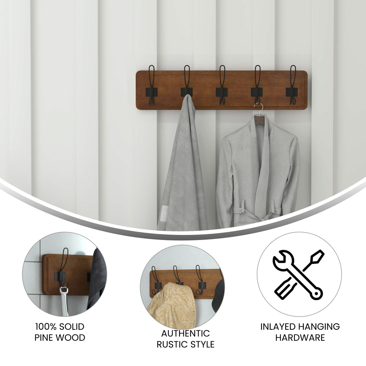 Daly Wall Mounted Solid Pine Wood Storage Rack with 5 Hanging Hooks For Entryway, Kitchen, Bathroom