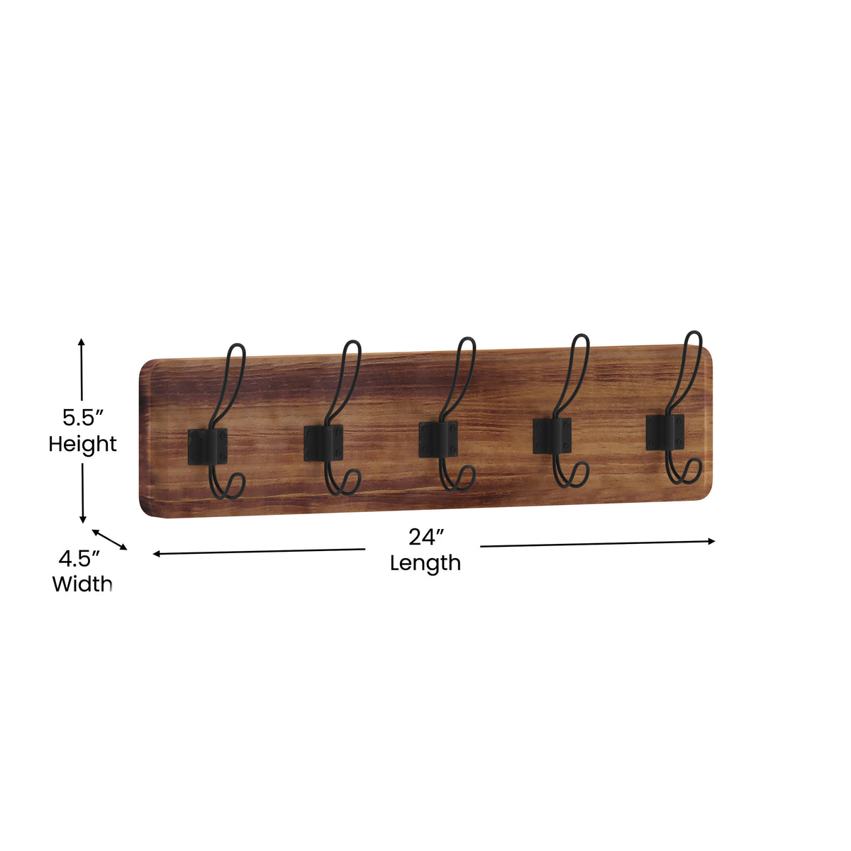 Daly Wall Mounted Solid Pine Wood Storage Rack with 5 Hanging Hooks For Entryway, Kitchen, Bathroom